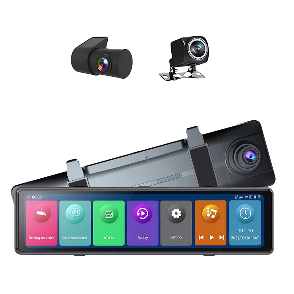 Carevas 3 Cameras Dash Cam 12in 2.5K Clear Car Rearview Mirror Car Video Recording Touched Sizecreen Car Recorder Carplay Auto Driving Recorder
