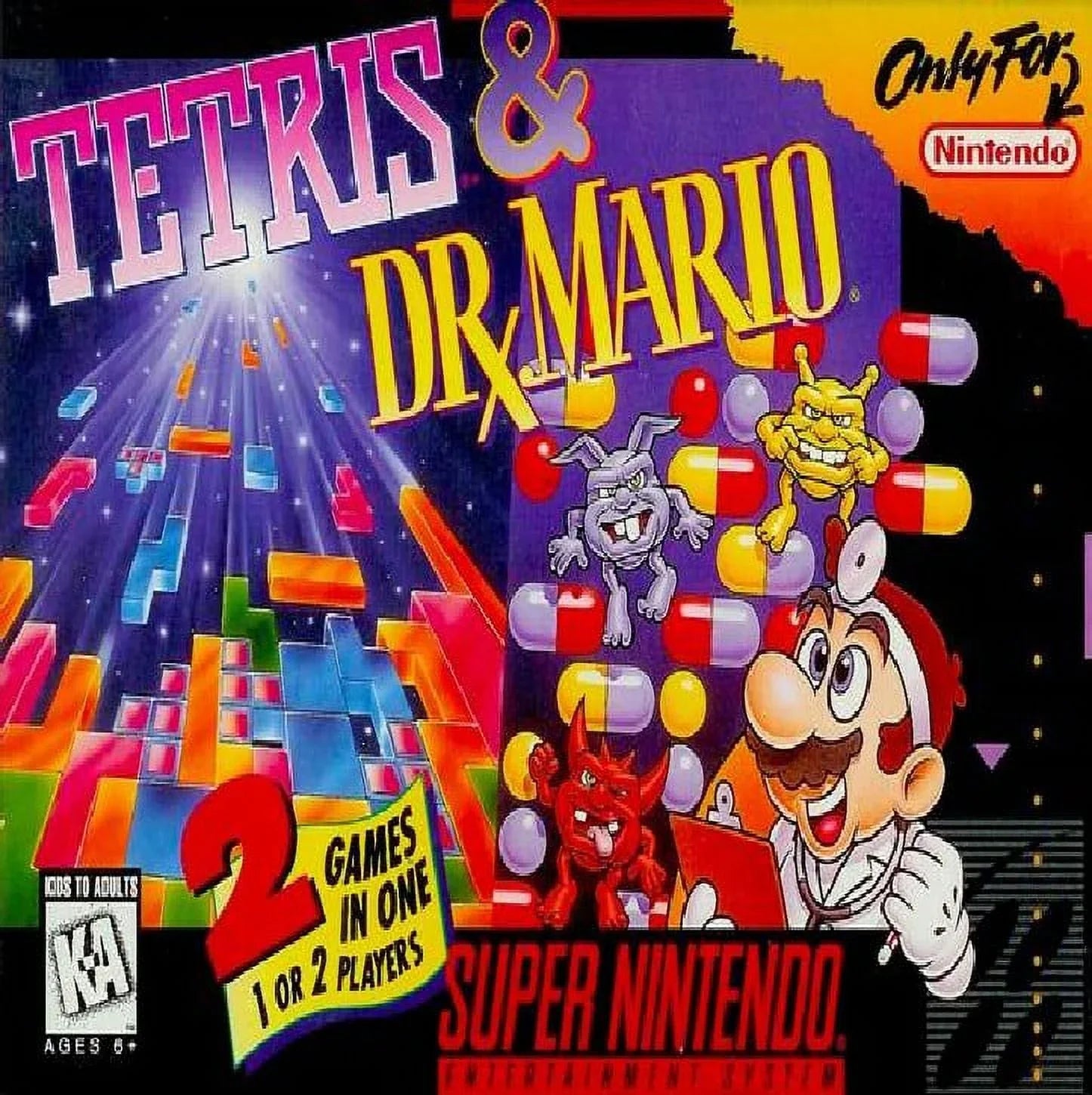 Restored Tetris & Dr. Mario (Sizeuper Nintendo, 1994) SizeNESize Puzzle Game (Refurbished)