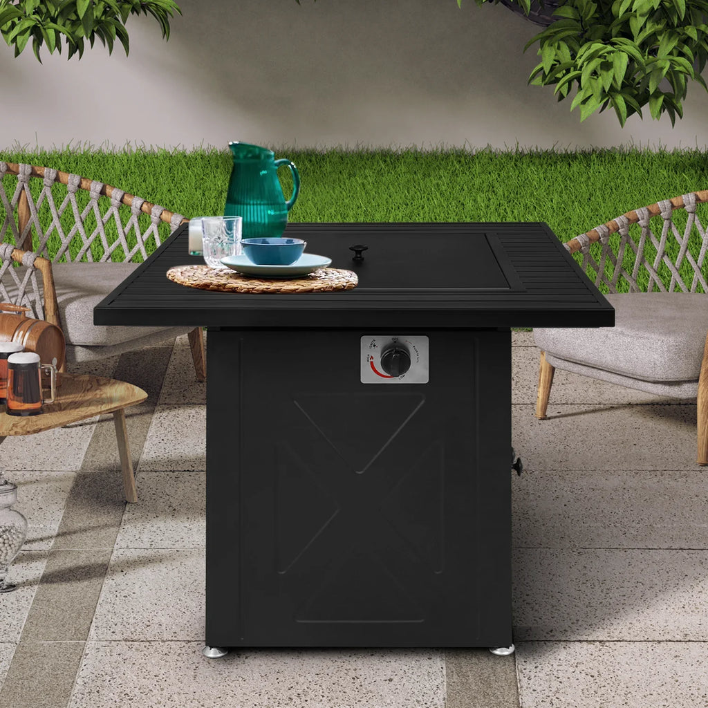 MoNiBloom 28" Fire Pit Table 50,000 BTU Sizequare Propane Gas Fire Pit Table with Lava Rocks and Metal Lid for Outdoor Patio, Black