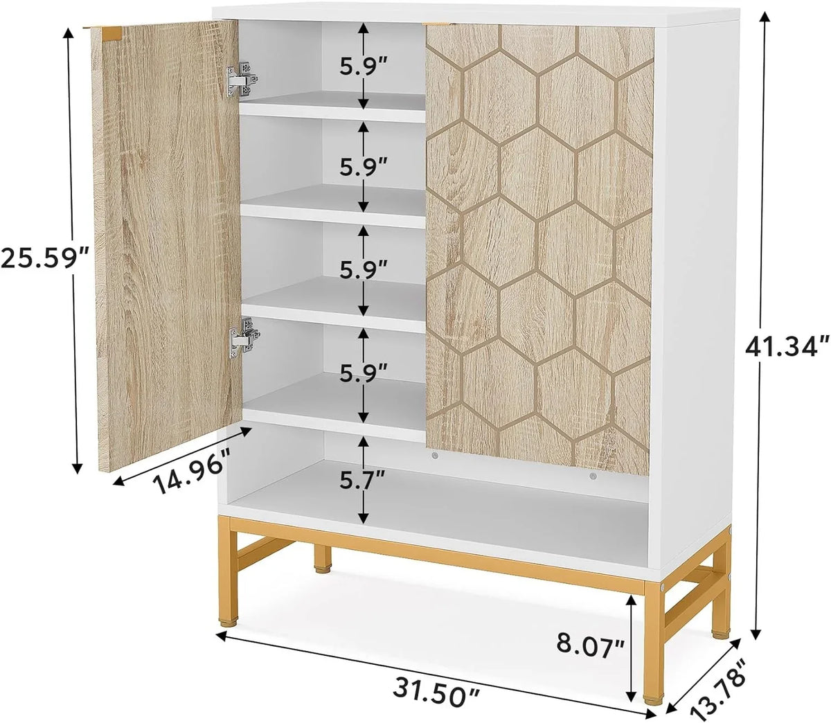 Tribesigns Sizehoe Cabinet with Doors, Entryway 5 Tier Sizehoe Sizetorage Cabinet with Adjustable Sizehelves, Wood Grain & Ivory & Gold