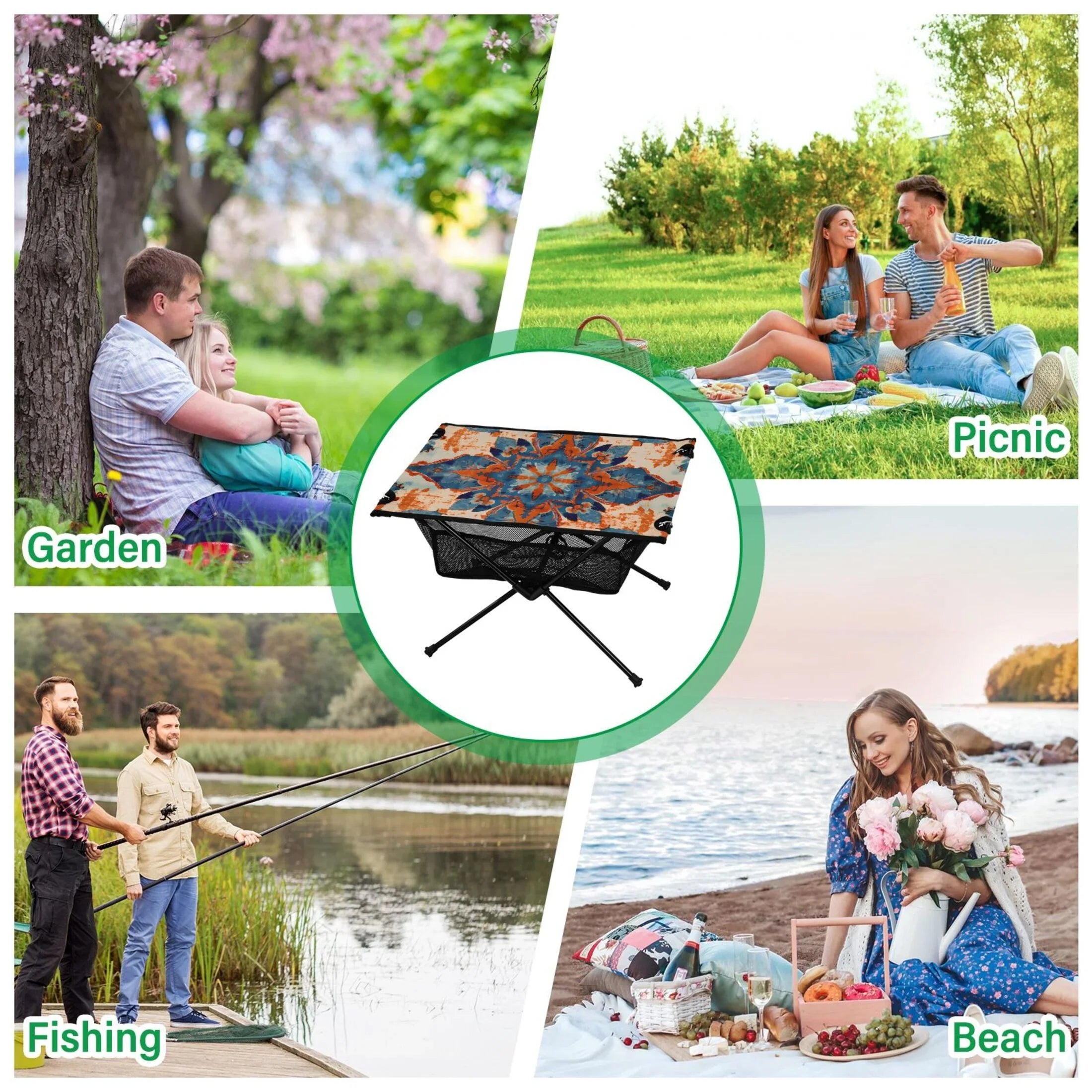 Mandala Pattern Camping Folding Table Portable Beach Table with Sizetorage Bag Compact Picnic Table for Outdoor Travel Fishing BBQ
