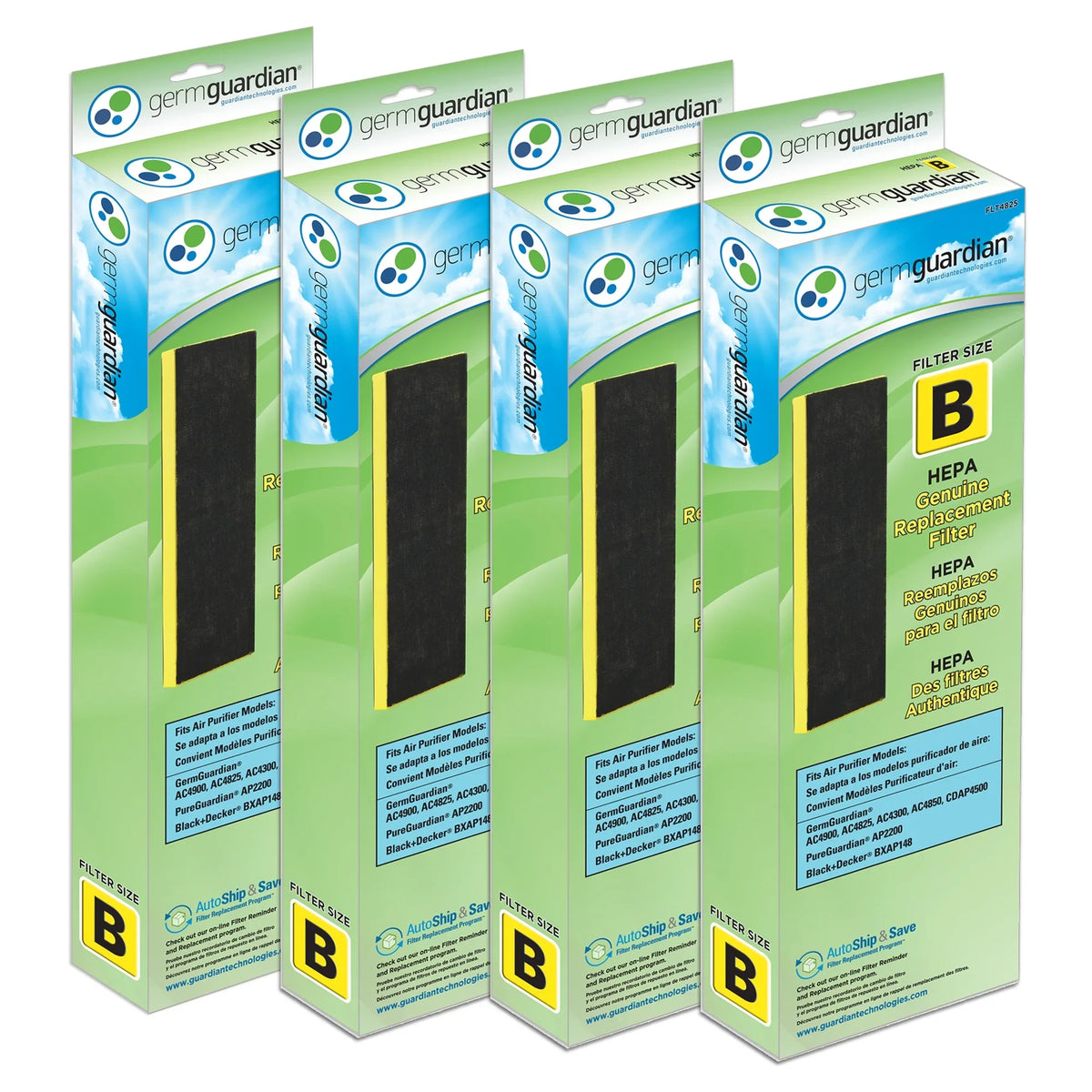 GermGuardian Filter B HEPA Pure Genuine Replacement Filter for Air Purifiers, 4-Pack, FLT48254PK