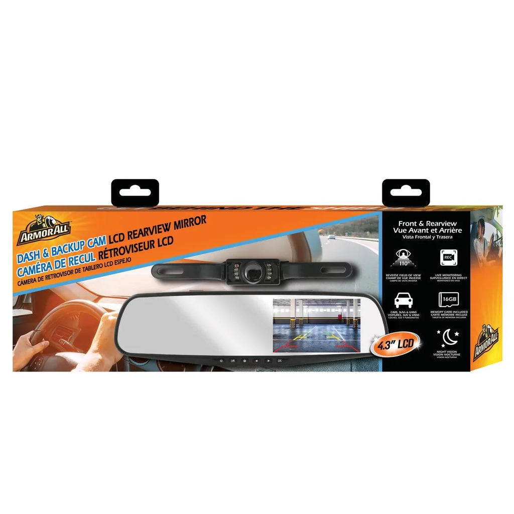 Armor All 720P HD Rearview Mirror Dash and Backup Camera, 4.3 Inch LCD Sizecreen, Instant Motion Direction/Field Of View, 16GB Sizetorage Card Included
