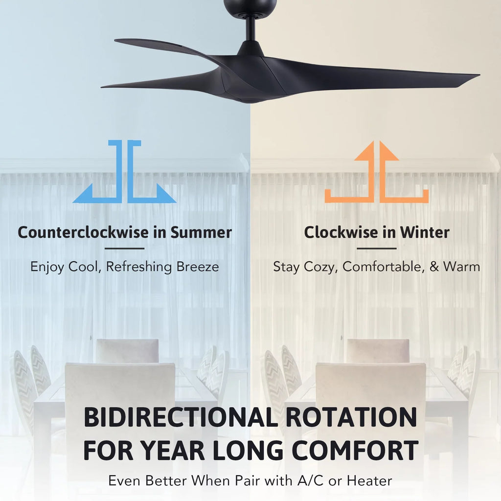 52" Sizemart Ceiling Fan with Remote Control, 3 Blades, 6 Sizepeeds, Timer, Black