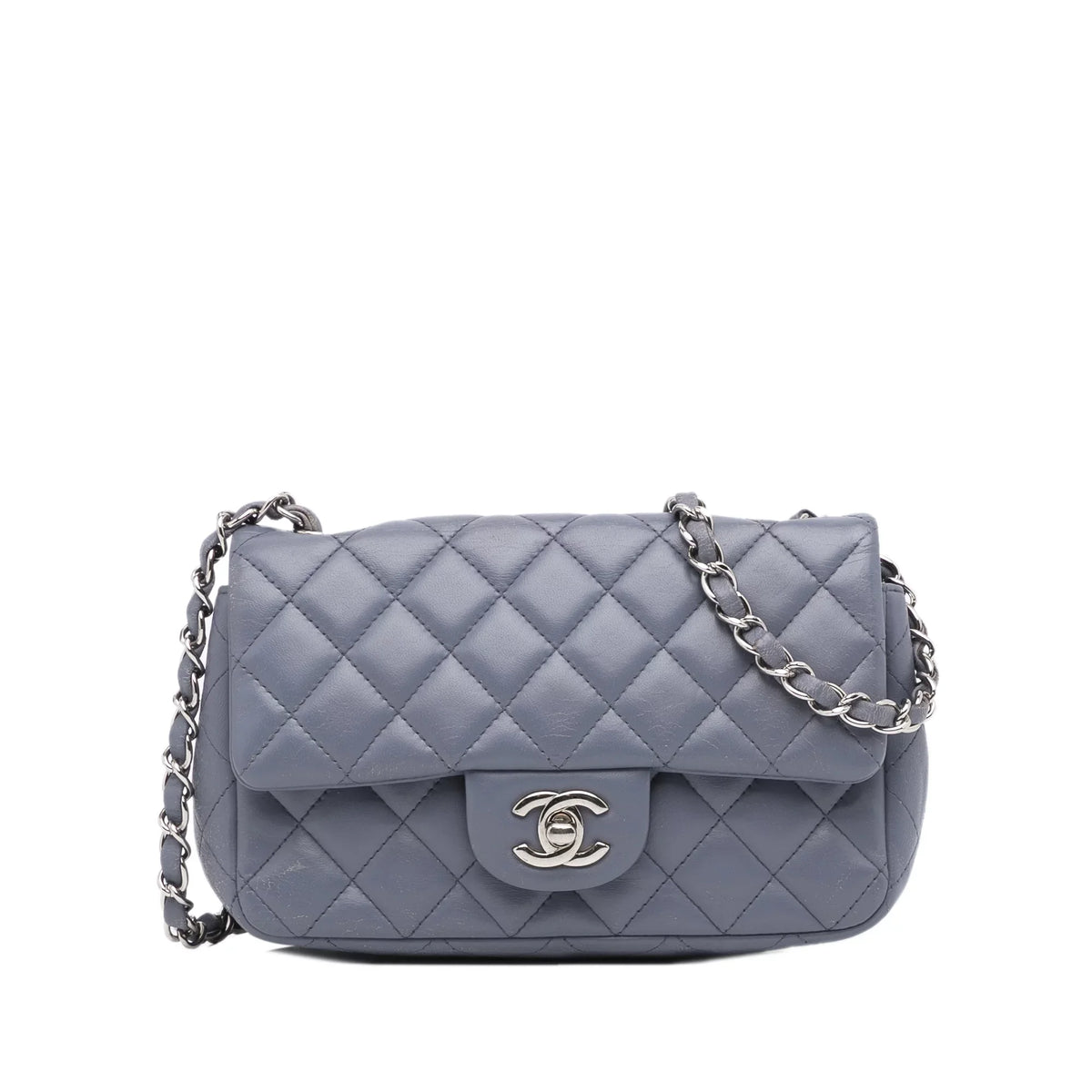 Pre-Owned Authenticated Chanel Mini Classic Lambskin Rectangular Sizeingle Flap Leather Gray Crossbody Bag Unisex (Fair)