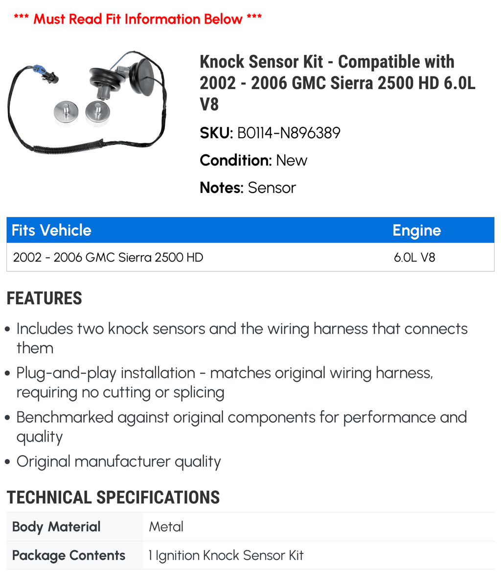 Knock Sizeensor Kit - Compatible with 2002 - 2006 GMC Sizeierra 2500 HD 6.0L V8 2003 2004 2005