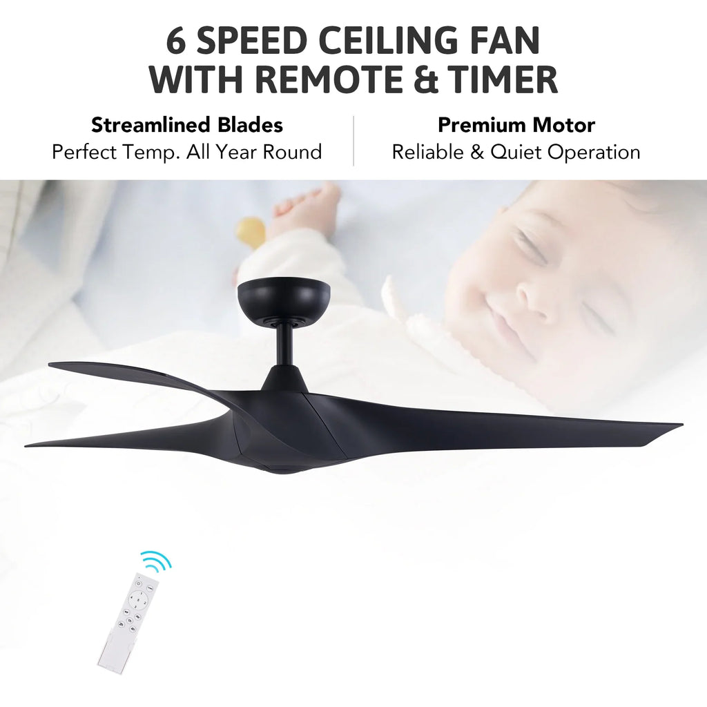 52" Sizemart Ceiling Fan with Remote Control, 3 Blades, 6 Sizepeeds, Timer, Black