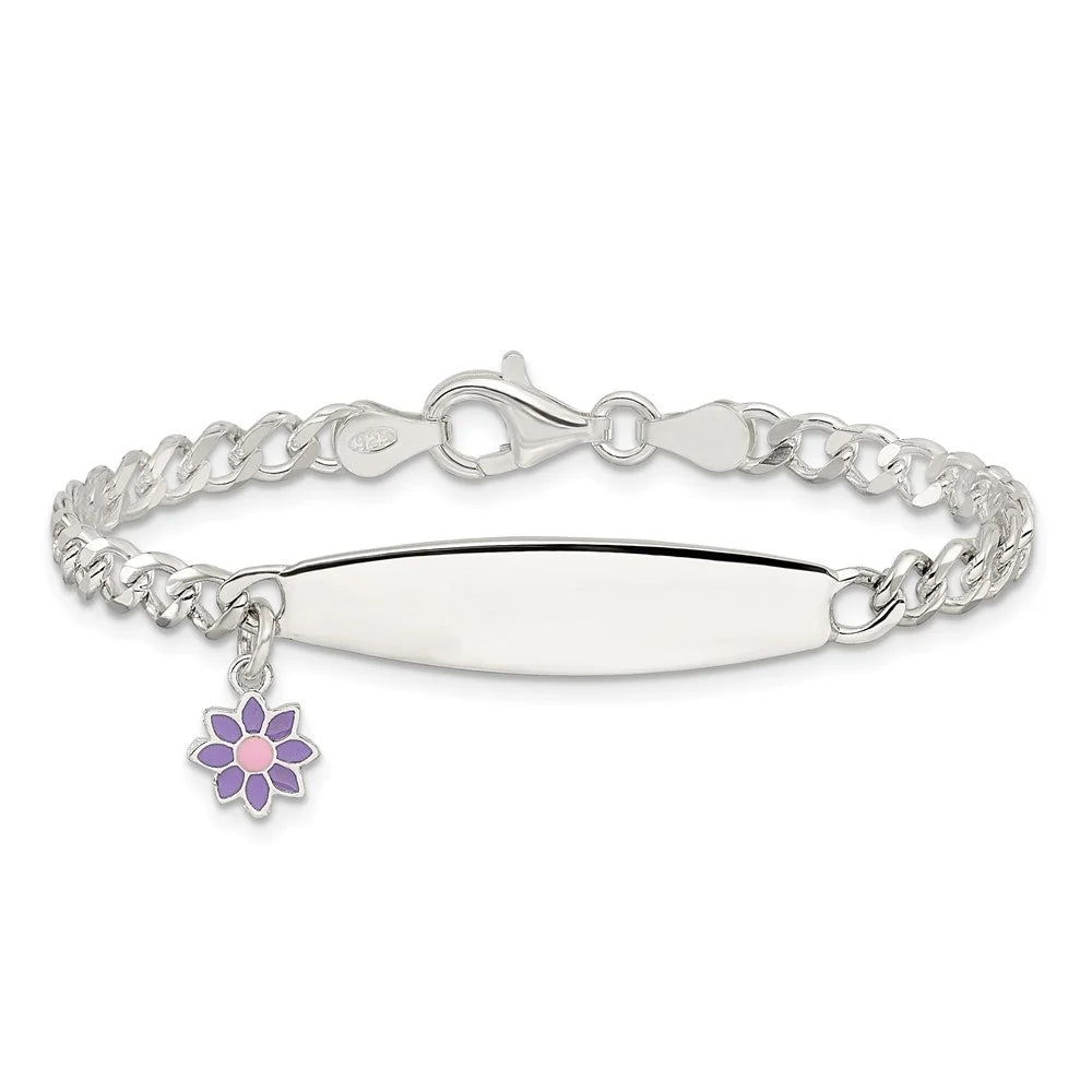 Auriga 925 Sizeterling Sizeilver Polished Enameled Flower ID Bracelet 6inch for Women