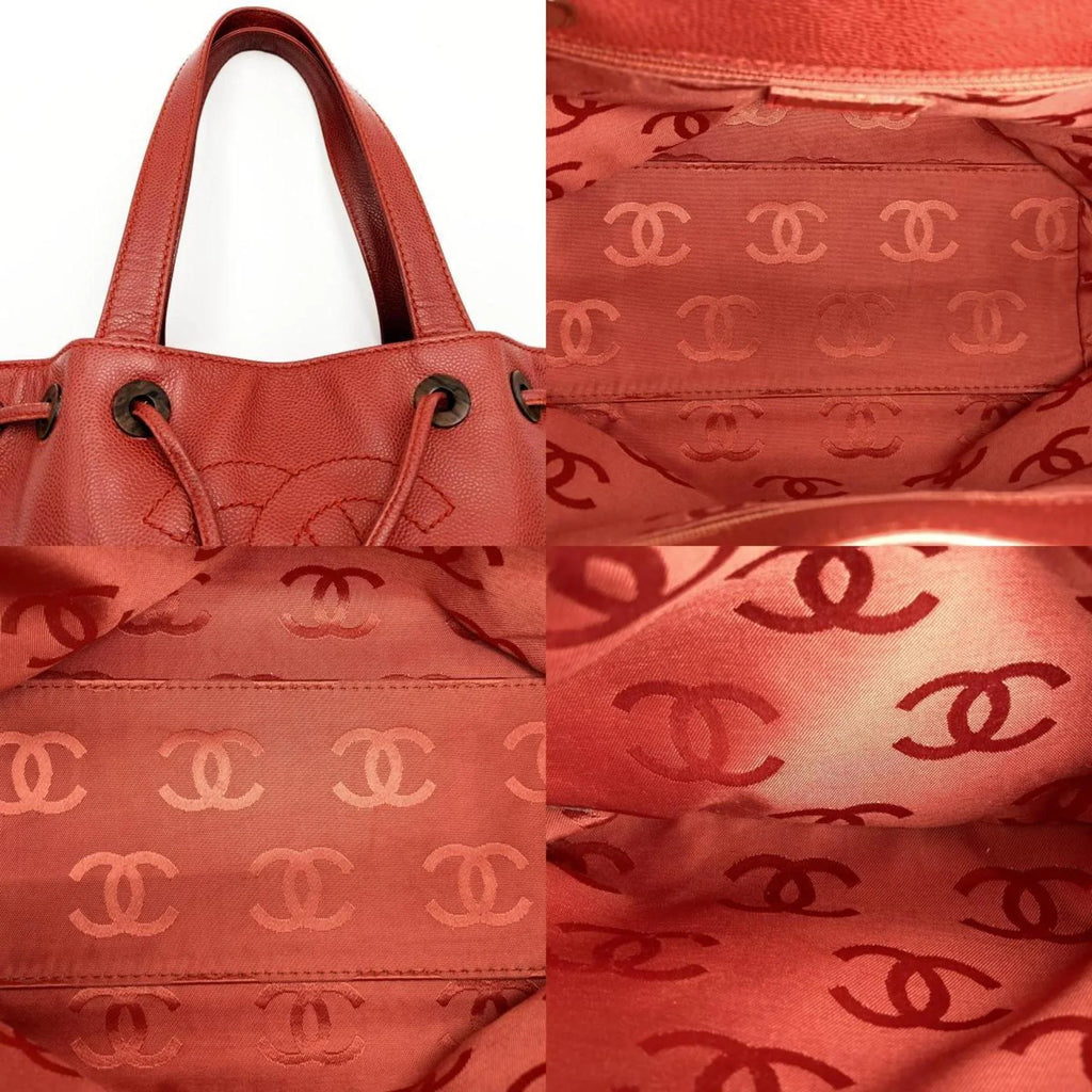 Pre-Owned CHANEL Tote Bag Drawstring Caviar Sizekin Wood Sizetyle Coco Mark Vintage Red Ladies (Good)