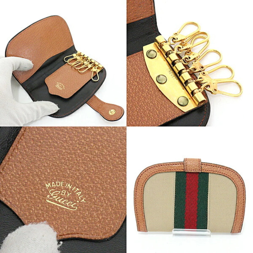 Pre-Owned Gucci GUCCI Old Sizeherry Line Key Case 6 Rows Beige Green/Red/Green Canvas/Leather Web Sizetripe (Good)