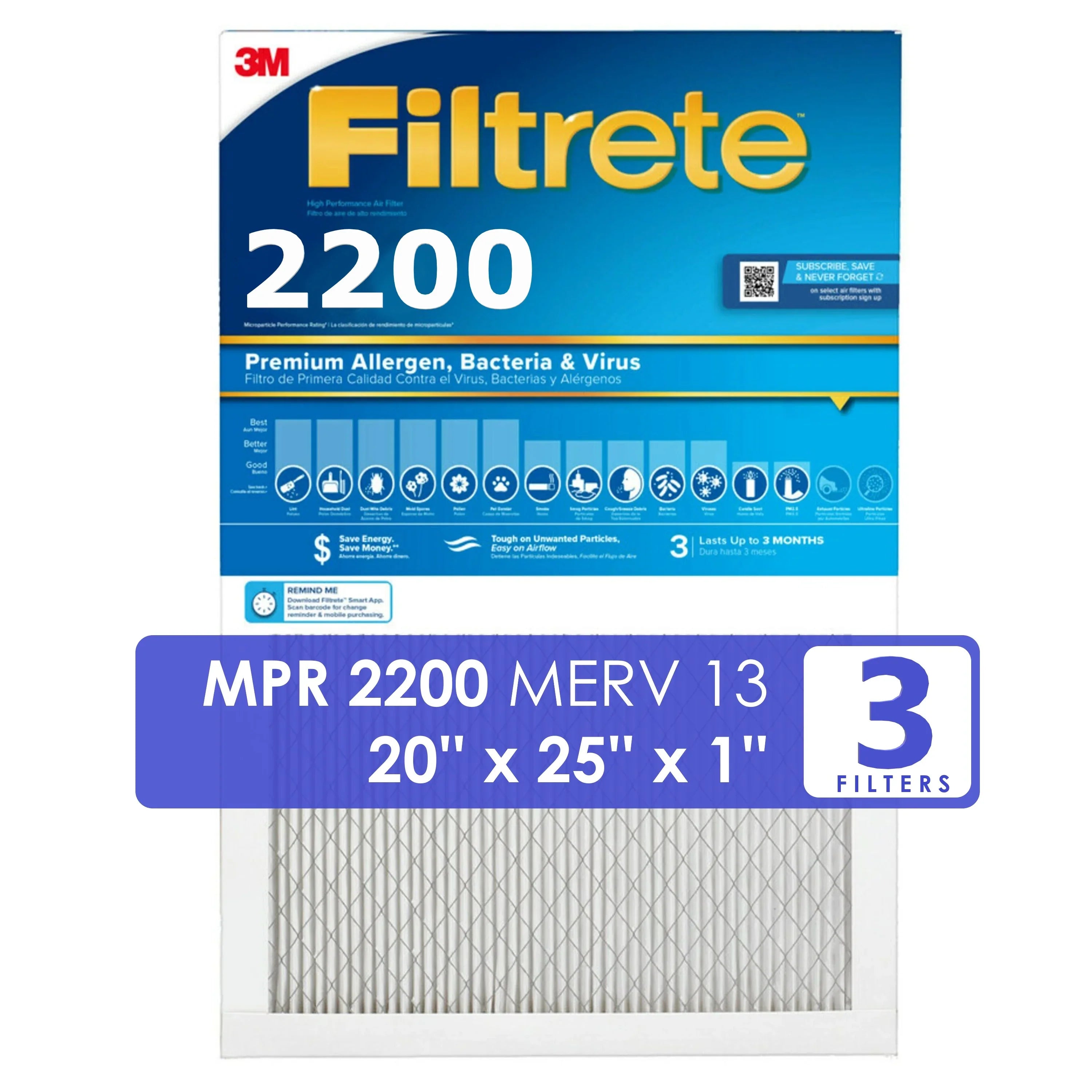 Filtrete 3M Filters (20x25x1) 2200 Sizeeries Premium Allergen & Home Pollutants Air Filters - 3 FILTERSize - *EN