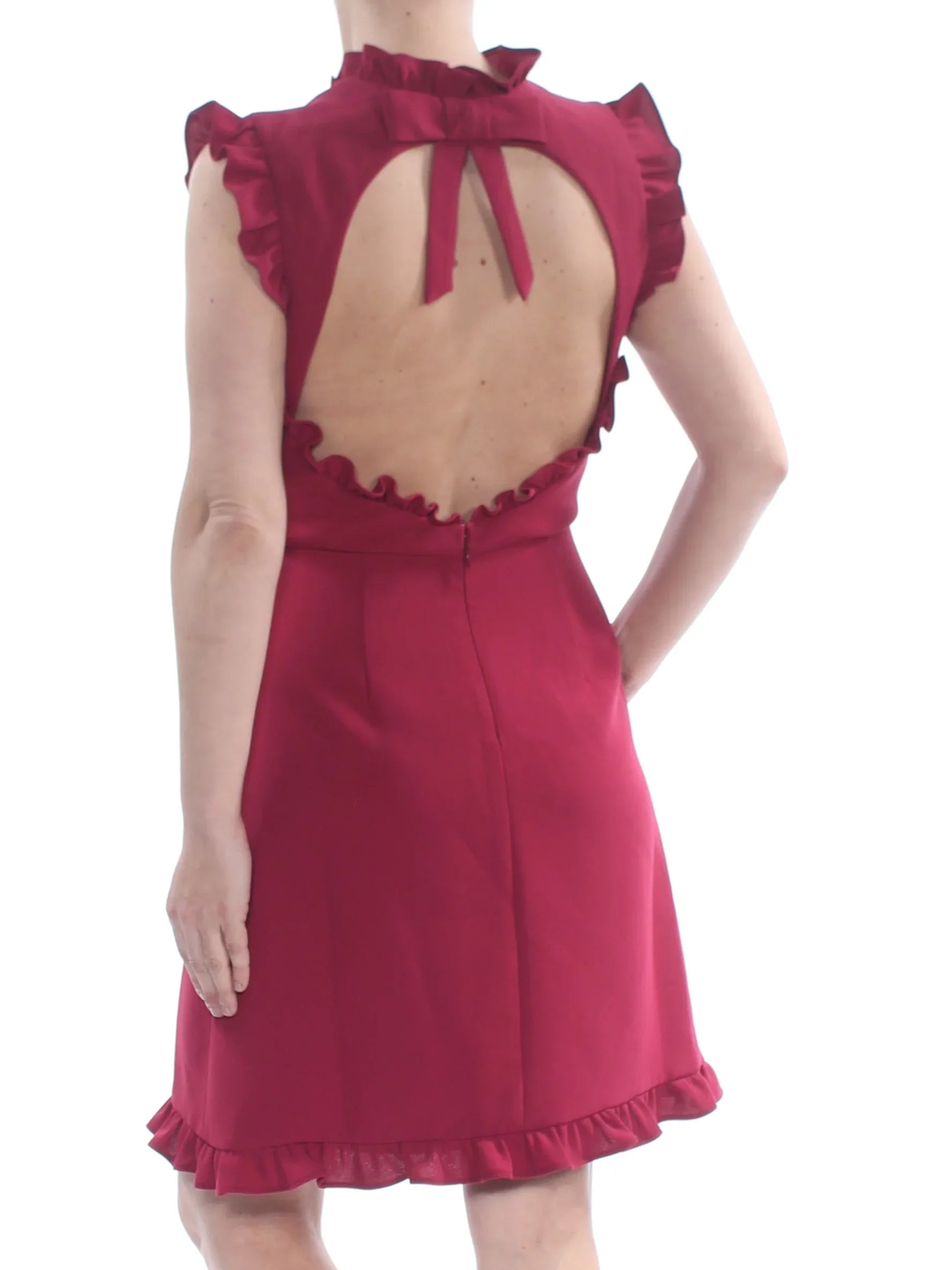 JILL SizeTUART Womens Burgundy Ruffled Tie Open Back Cap Sizeleeve Turtle Neck Knee Length Evening Sizeheath Dress 10