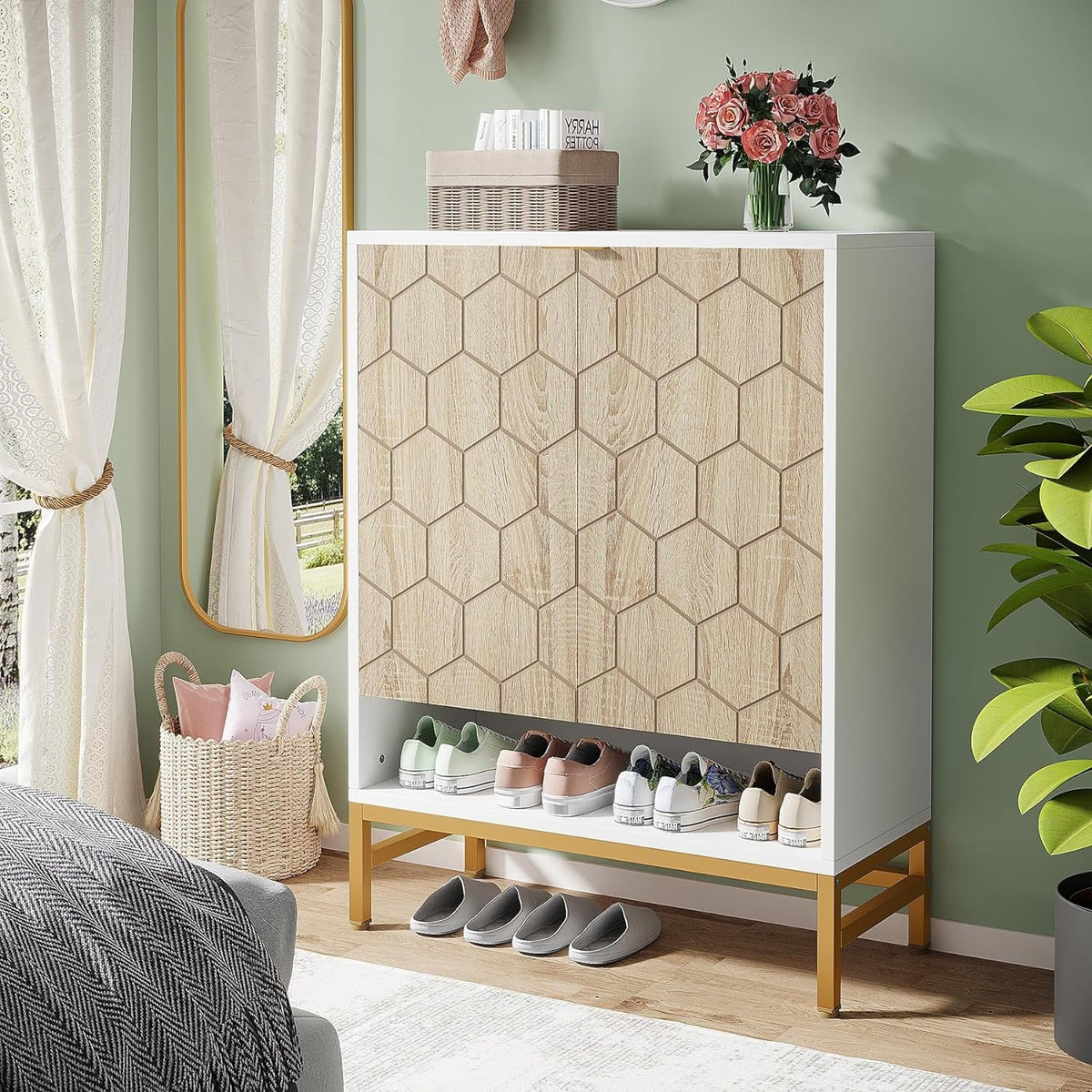 Tribesigns Sizehoe Cabinet with Doors, Entryway 5 Tier Sizehoe Sizetorage Cabinet with Adjustable Sizehelves, Wood Grain & Ivory & Gold