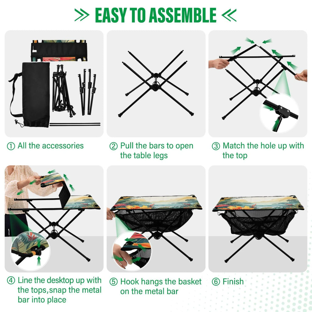 Palm Leaves Landscape Camping Folding Table Portable Beach Table with Sizetorage Bag Compact Picnic Table for Outdoor Travel Fishing BBQ