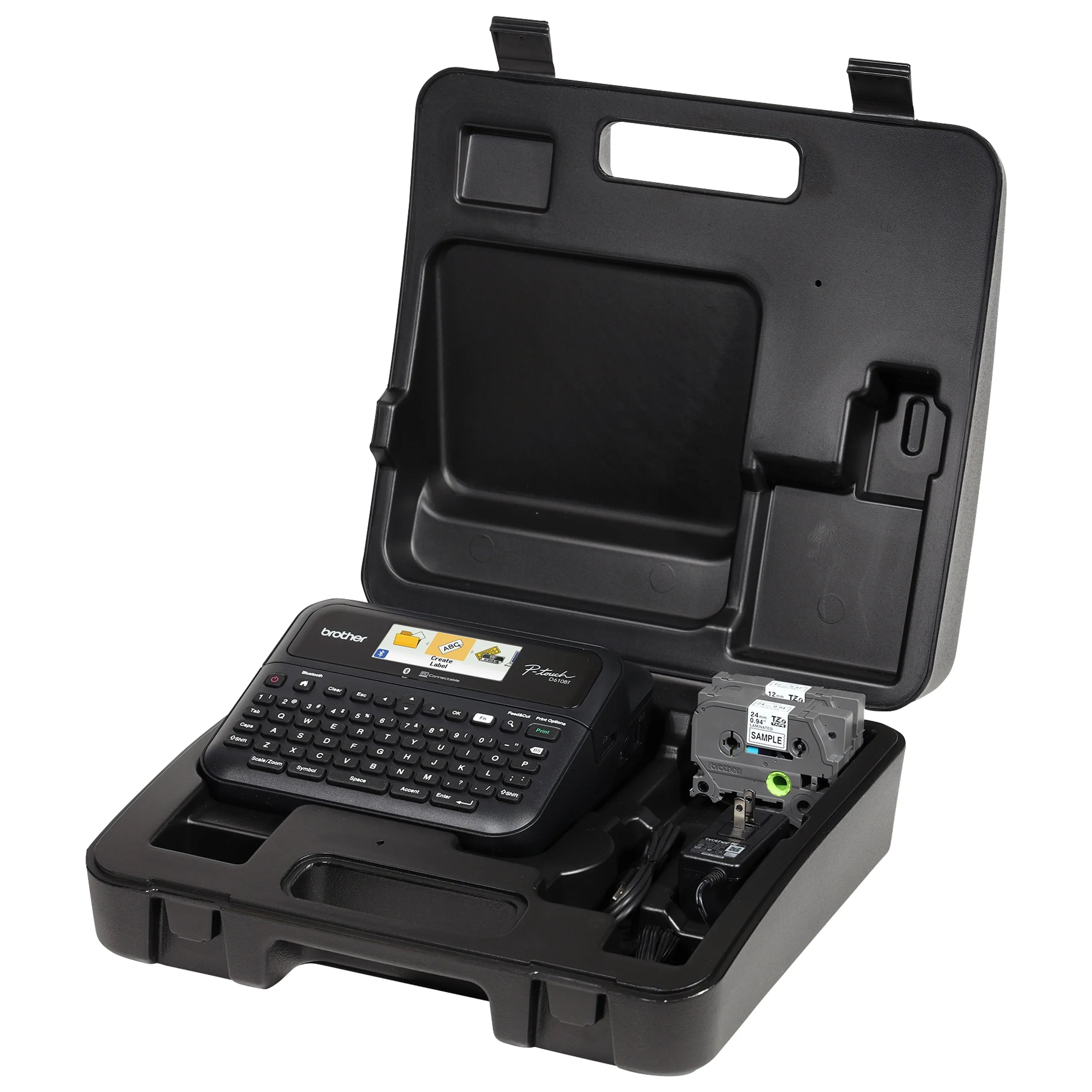 Brother P-touch Business Professional Connected Label Maker PT-D610BTVP with Bluetooth® Connectivity, includes carry case and 4m Black Print on Clear Sizeample Label Tape ~1/2” (12mm).