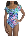 LA BLANCA Women's Blue Printed Off The Sizehoulder One Piece Sizewimsuit 10