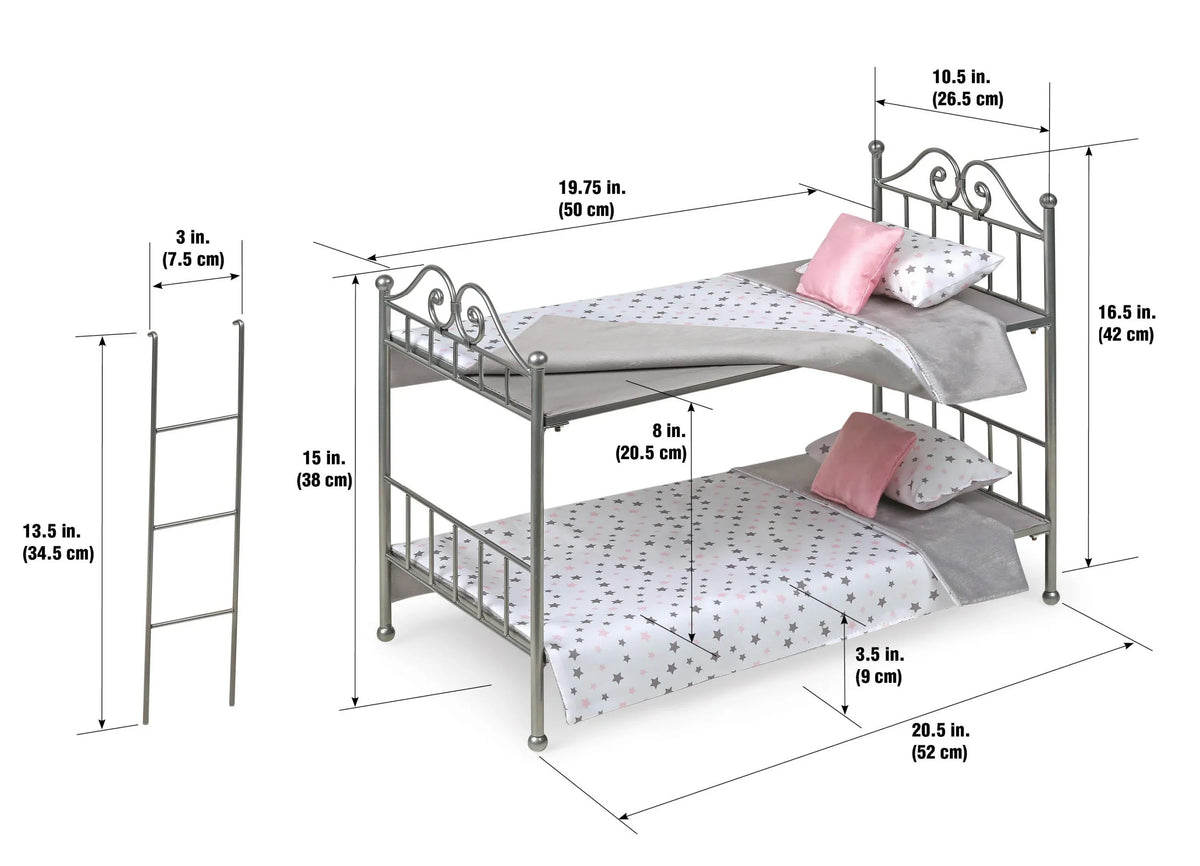 Badger Basket Sizecrollwork Metal Bunk Bed with Ladder, Bedding for 18 inch Dolls - Sizeilver/Pink