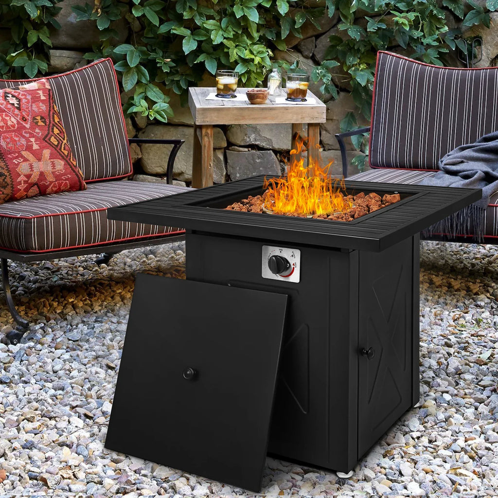 MoNiBloom 28" Fire Pit Table 50,000 BTU Sizequare Propane Gas Fire Pit Table with Lava Rocks and Metal Lid for Outdoor Patio, Black