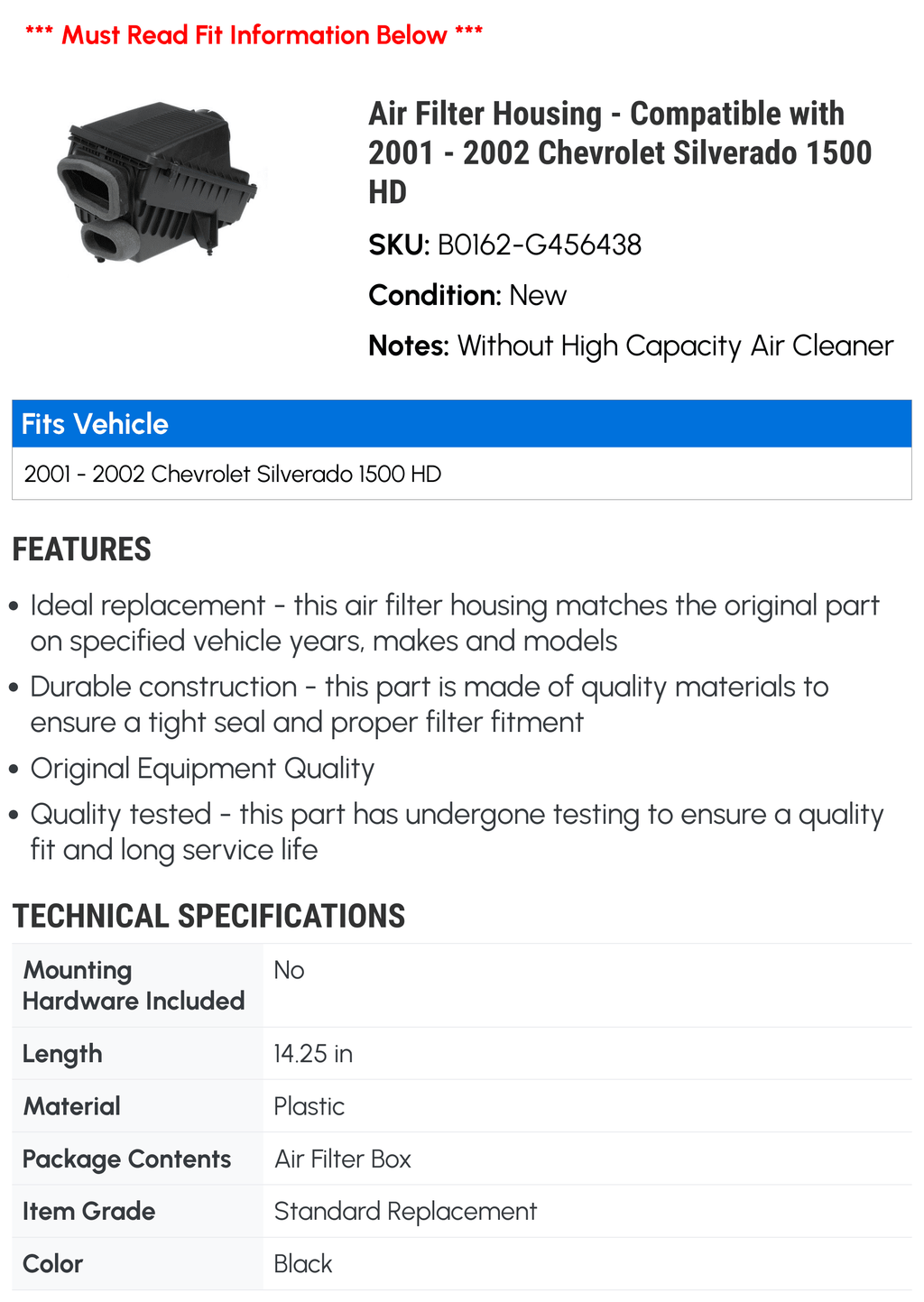 Air Filter Housing - Compatible with 2001 - 2002 Chevy Sizeilverado 1500 HD