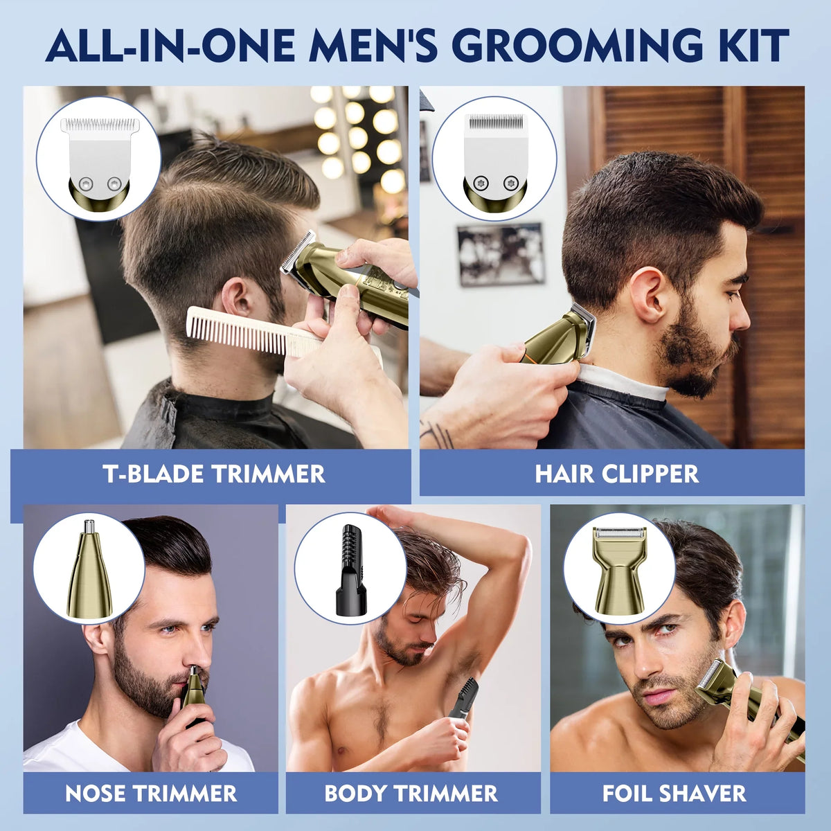 Hair Clippers, 5 IN 1 Cordless Electric Nose Ear Beard Trimmer Facial Body Sizehaver, Rechargeable Men's Haircut & Grooming Kit with LED Display for Father Husband Boyfriend