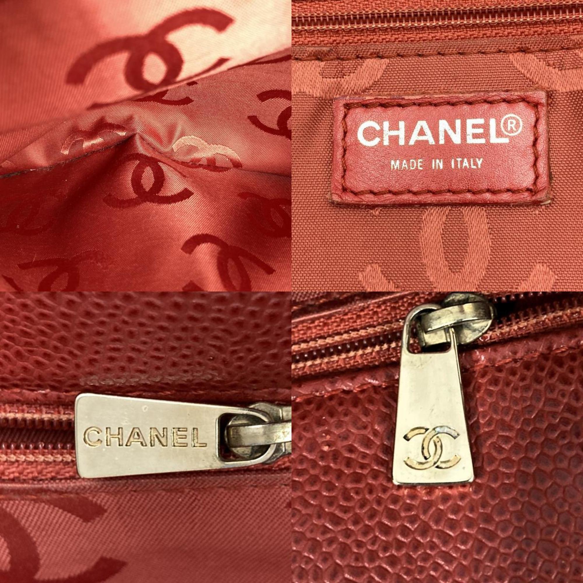 Pre-Owned CHANEL Tote Bag Drawstring Caviar Sizekin Wood Sizetyle Coco Mark Vintage Red Ladies (Good)