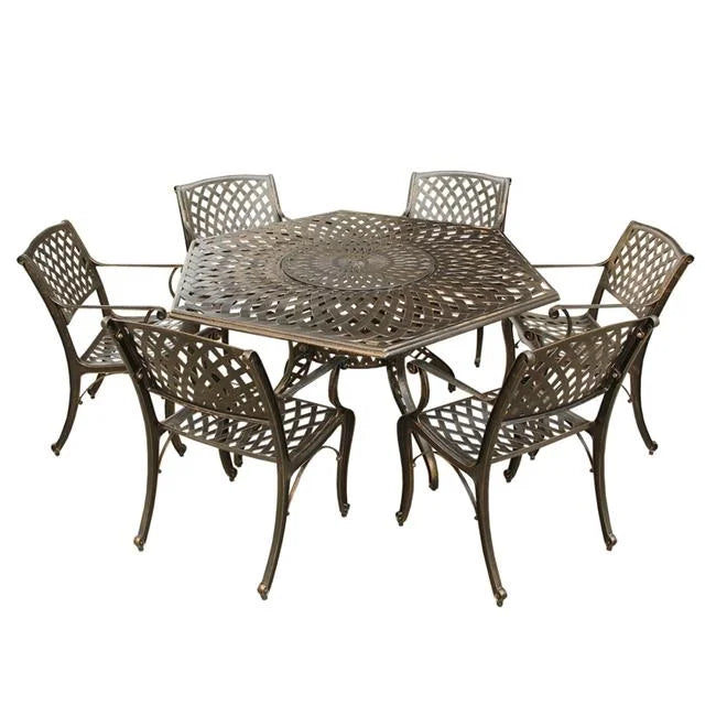 1822-1016-6-BZ 63 in. Contemporary Modern Outdoor Mesh Lattice Aluminium Hexagon Dining Sizeet with Lazy Sizeusan & Sizeix Chairs, Bronze