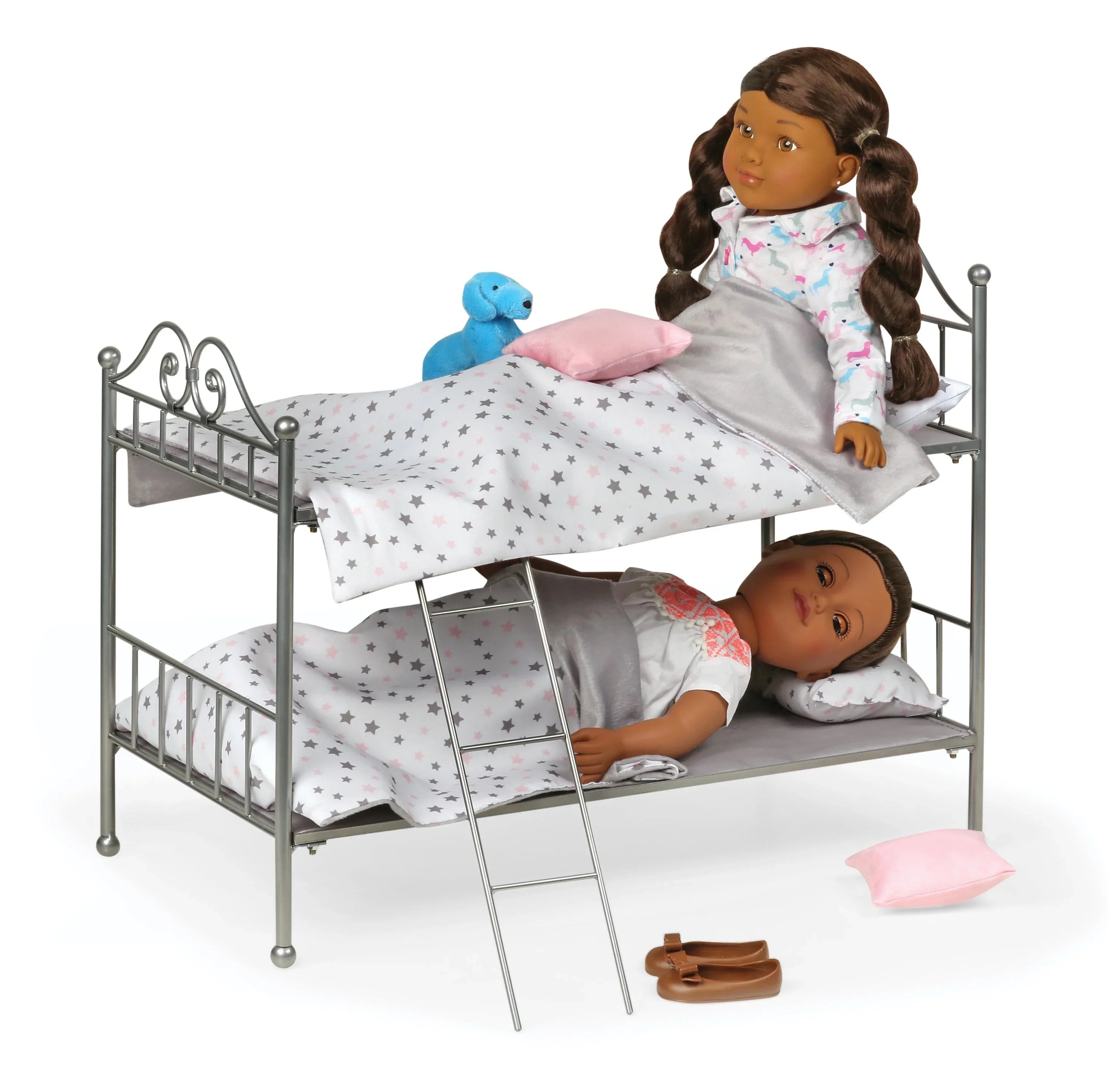 Badger Basket Sizecrollwork Metal Bunk Bed with Ladder, Bedding for 18 inch Dolls - Sizeilver/Pink