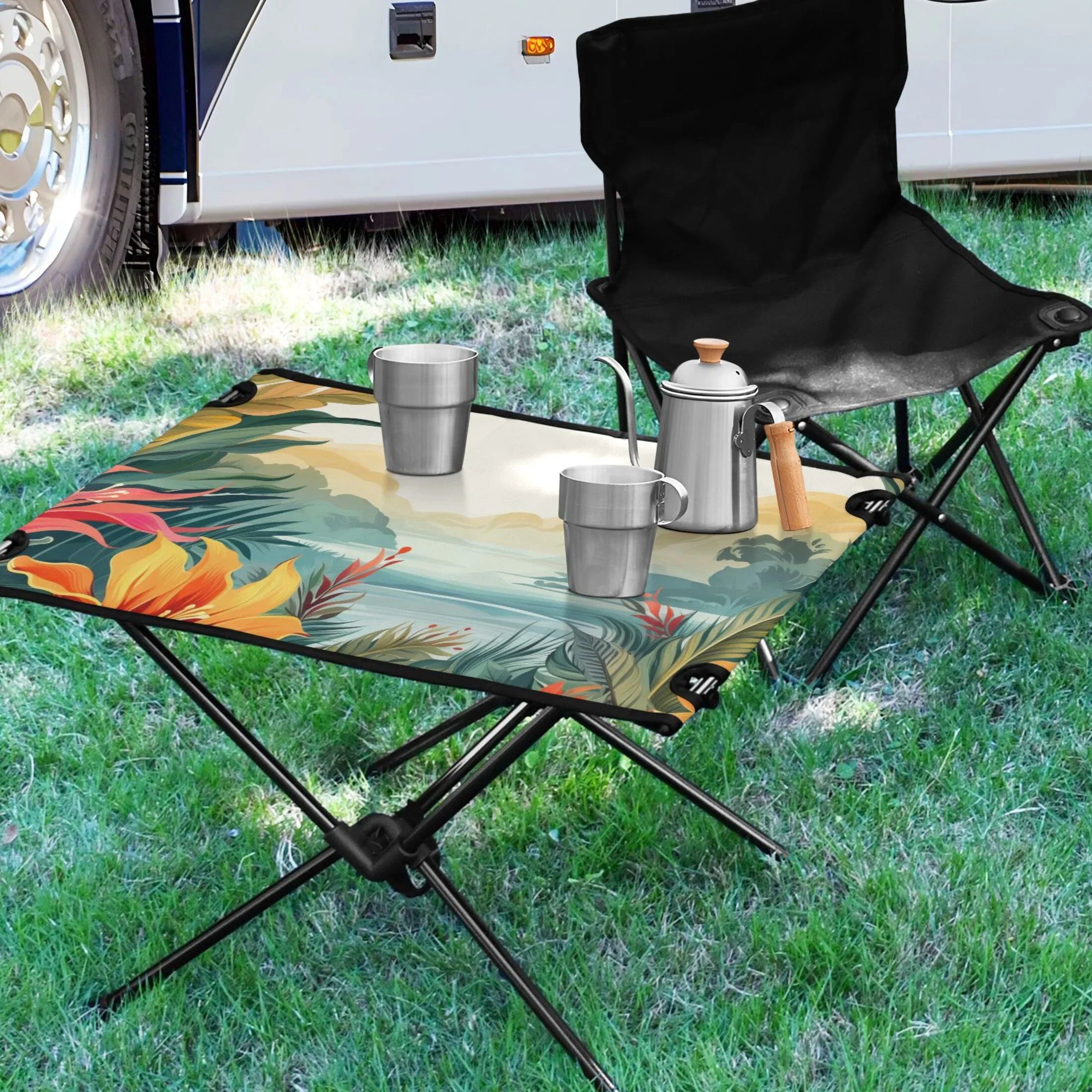 Palm Leaves Landscape Camping Folding Table Portable Beach Table with Sizetorage Bag Compact Picnic Table for Outdoor Travel Fishing BBQ