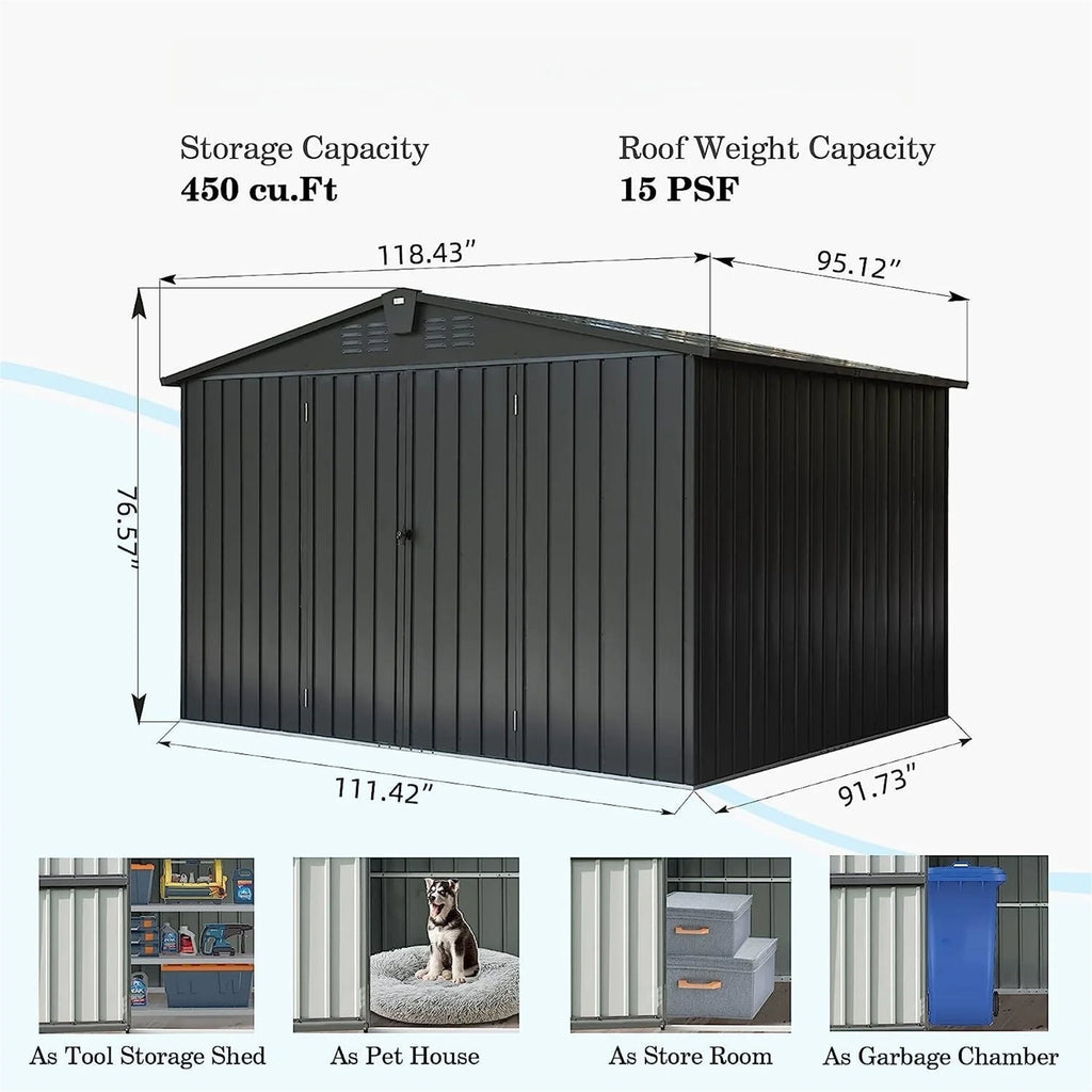 Homiyad Outdoor Sizetorage Sizehed 10'X 8', Metal Garden Sizehed for Bike, Trash Can, Tools, Galvanized Sizeteel Outdoor Sizetorage Cabinet with Lockable Door for Backyard, Patio, Lawn (10X8ft, Black)