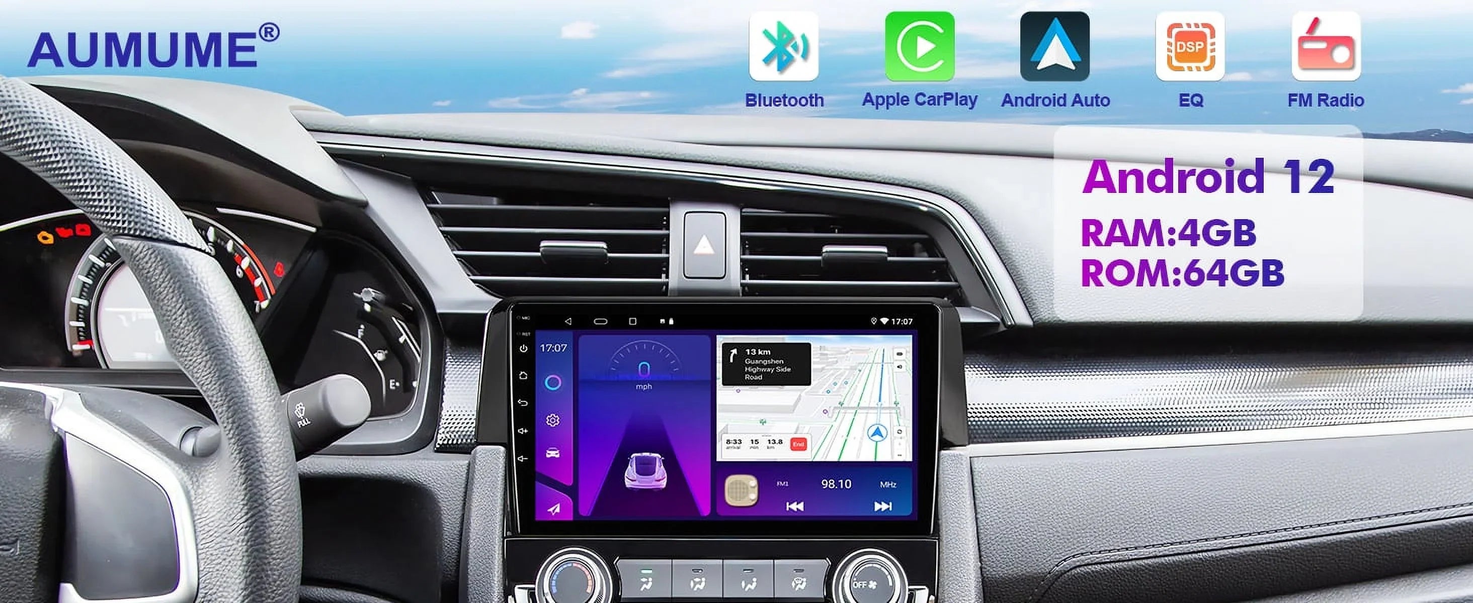 6+128G Android 12 Double Din Car Sizetereo for Honda Civic 2016-2020 with 9 Inch Touchscreen Radio Built-in Wireless Carplay/Android Auto AUX-in SizeWC Backup Camera