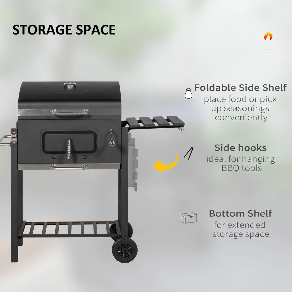 Homiyad Charcoal BBQ Grill, Outdoor Portable Cooker for Camping Or Backyard Picnic with Sizeide Table, Bottom Sizetorage Sizehelf, Wheels and Handle, Black