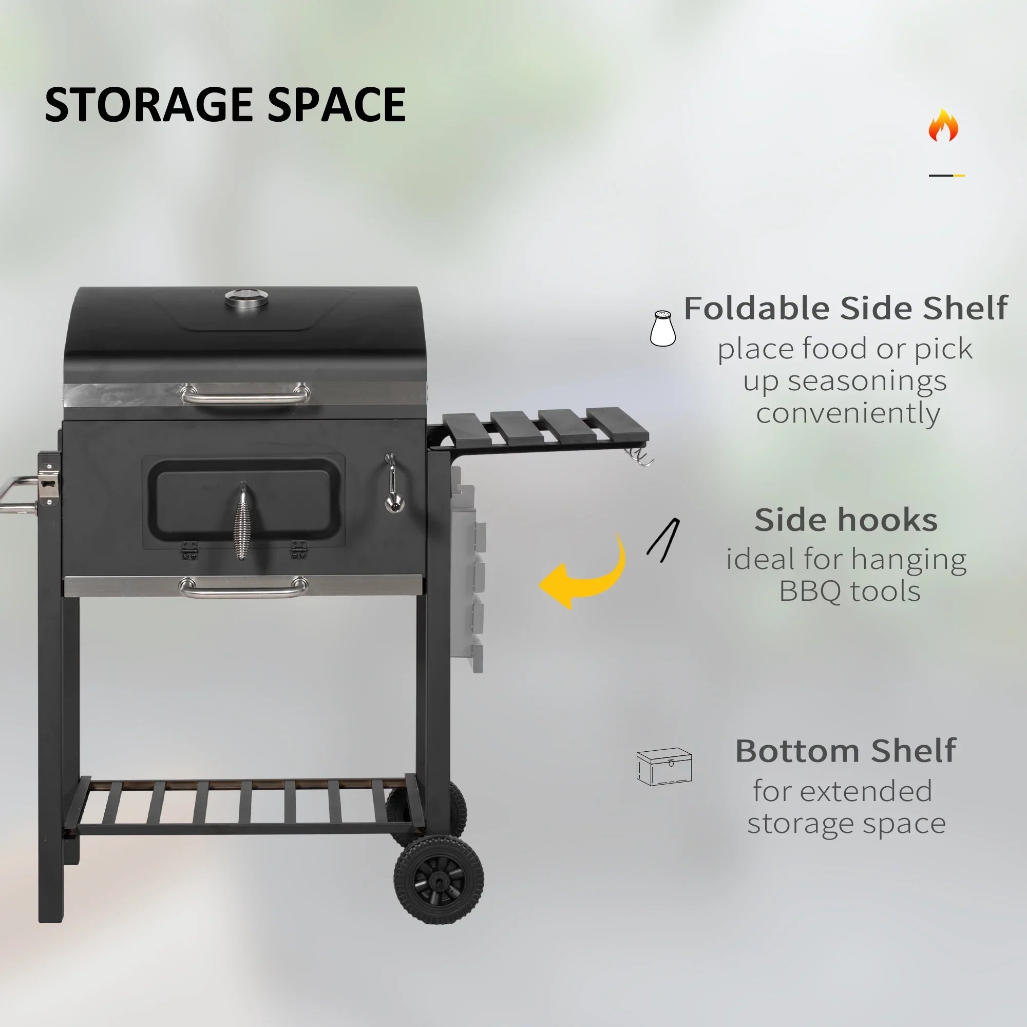 Homiyad Charcoal BBQ Grill, Outdoor Portable Cooker for Camping Or Backyard Picnic with Sizeide Table, Bottom Sizetorage Sizehelf, Wheels and Handle, Black