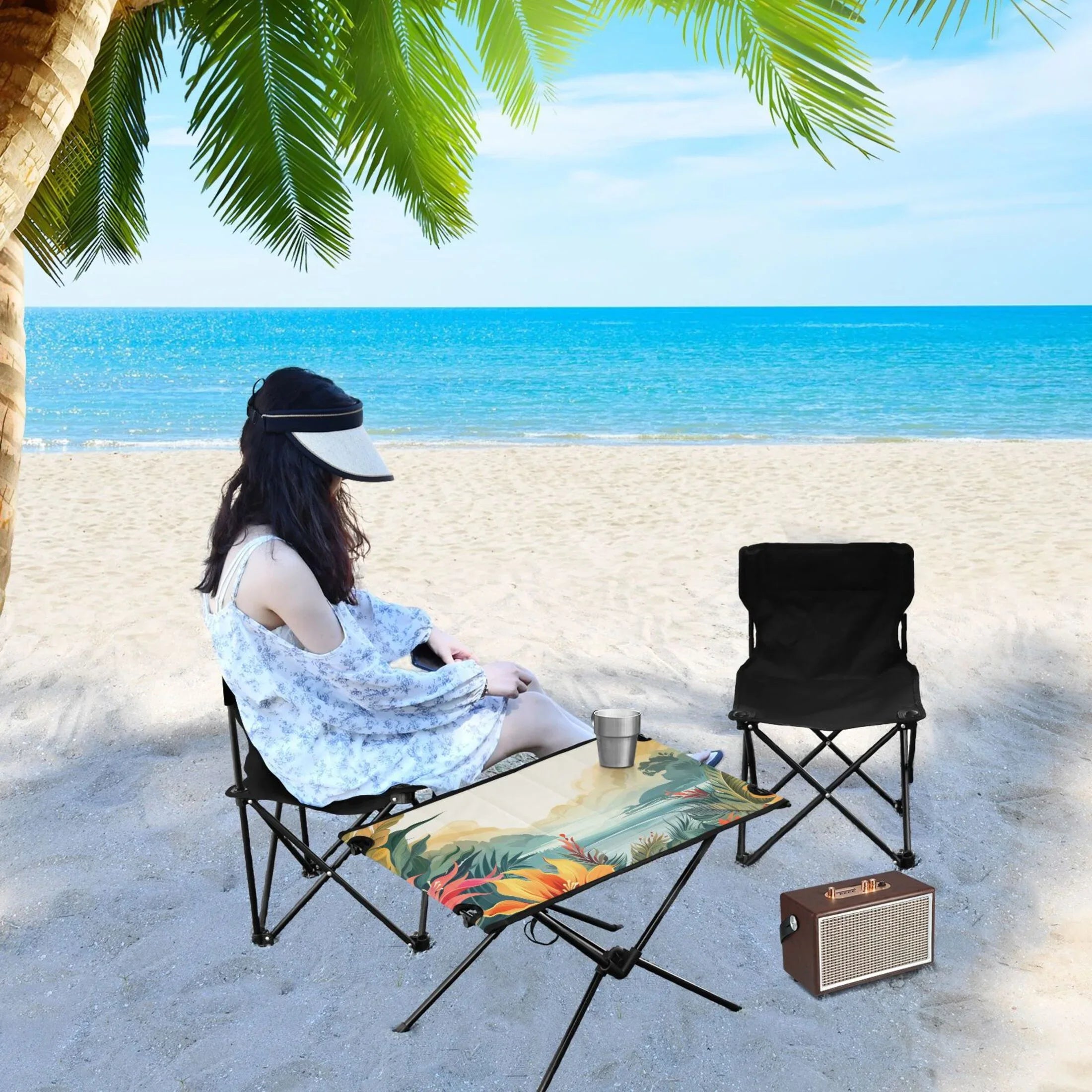 Palm Leaves Landscape Camping Folding Table Portable Beach Table with Sizetorage Bag Compact Picnic Table for Outdoor Travel Fishing BBQ