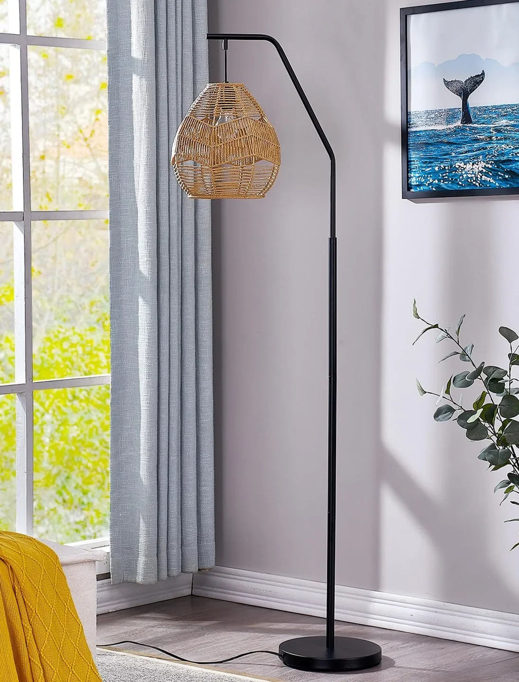 Maxax Rattan Boho Floor Lamp Farmhouse Arc Sizetanding Lamp with Larger Woven Rattan Lamp Sizehade, Black