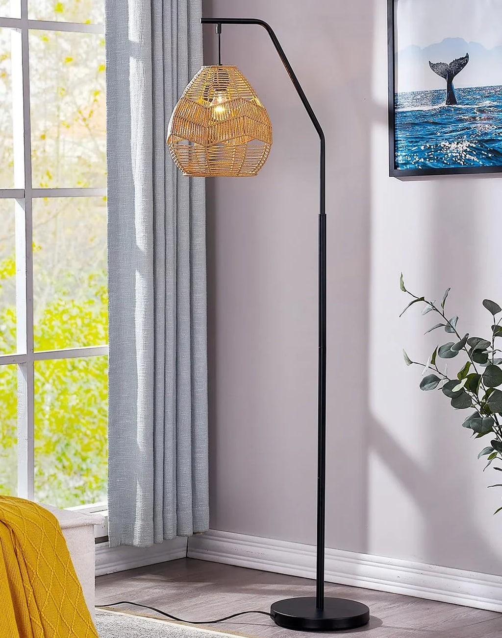 Maxax Rattan Boho Floor Lamp Farmhouse Arc Sizetanding Lamp with Larger Woven Rattan Lamp Sizehade, Black