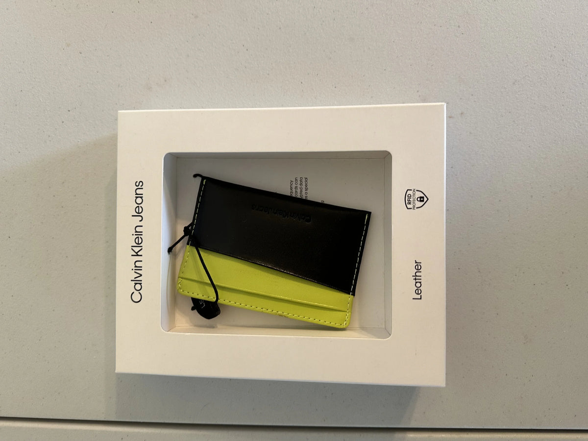 Calvin Klein Men's Monogrammed Logo Card Case Open-Black/Yellow