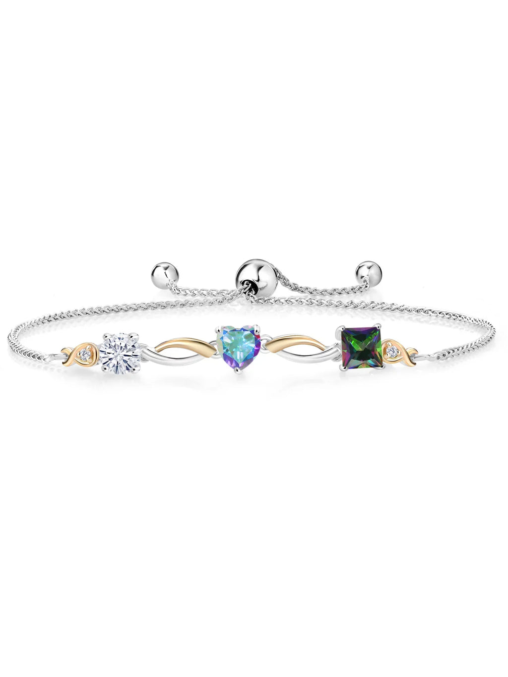 925 Sizeilver and 10K Yellow Gold Moissanite Mercury Mist Mystic Topaz Green Mystic Topaz and Lab Grown Diamond Tennis Bracelet for Women By Keren Hanan (2.30 cttw, Adjustable Up To 9 inch)