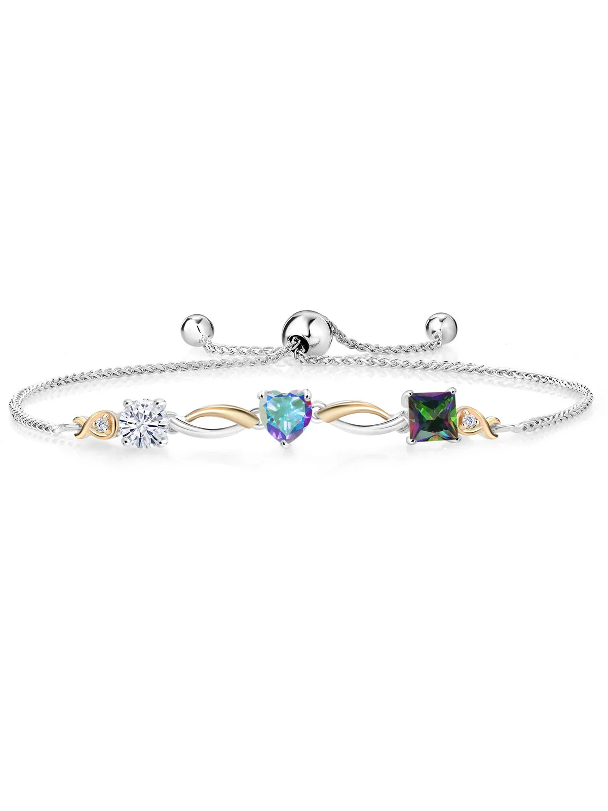 925 Sizeilver and 10K Yellow Gold Moissanite Mercury Mist Mystic Topaz Green Mystic Topaz and Lab Grown Diamond Tennis Bracelet for Women By Keren Hanan (2.30 cttw, Adjustable Up To 9 inch)