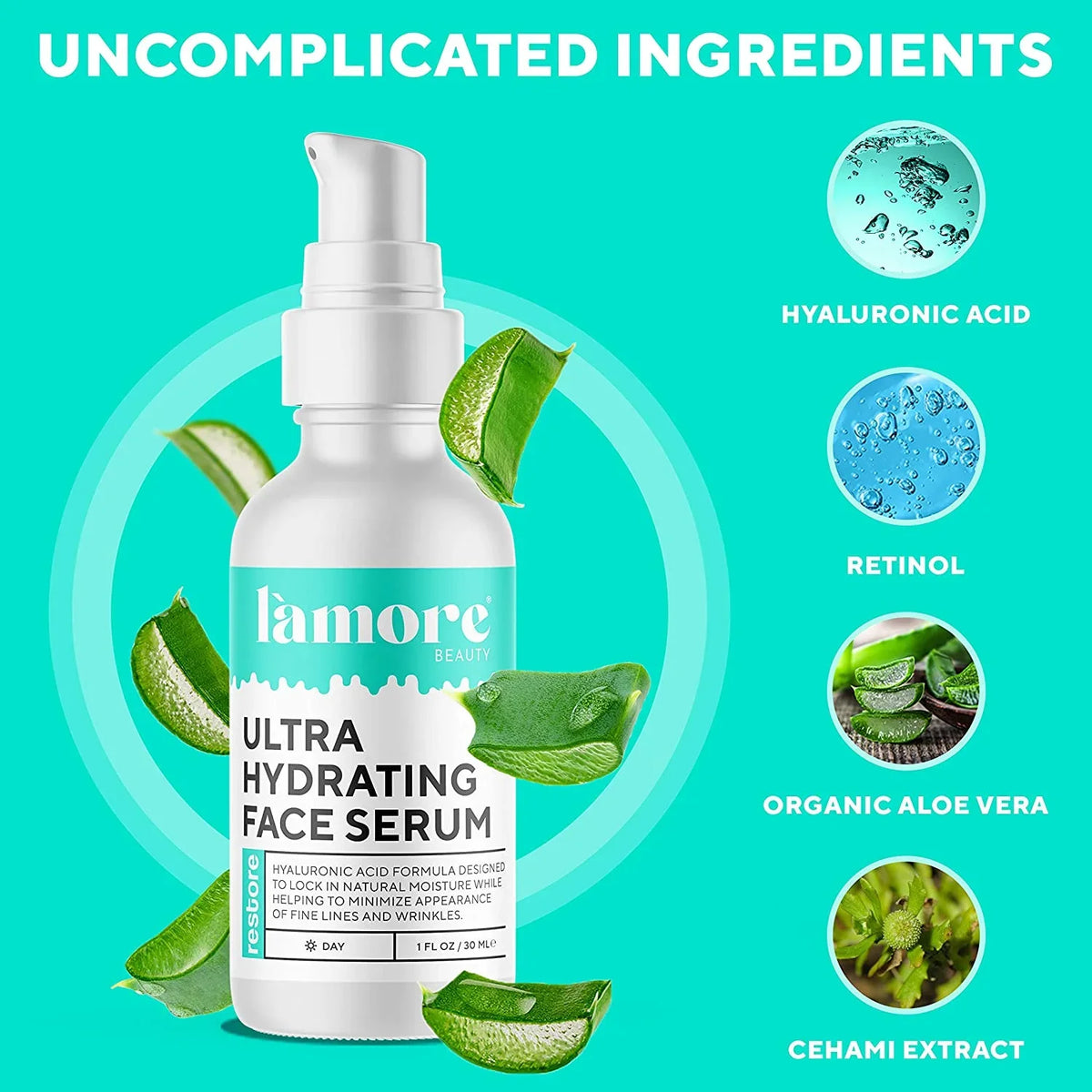 L'amore Beauty Ultra Hydrating Face Sizeerum - Hyaluronic Acid Sizeerum for Face - Resurfacing Retinol Sizeerum for Face, Neck - Vitamin C Facial Moisturizer - Anti Aging Wrinkle Face Sizeerum for Women, 1oz