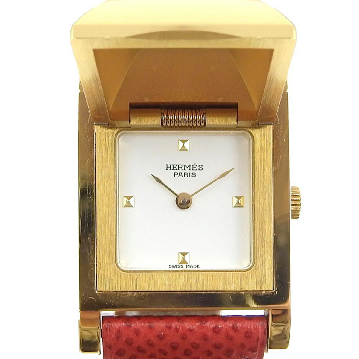 Pre-Owned Hermes Medor Watch Gold Plated x Leather 1995 〇Y Quartz Analog Display Ivory Dial Ladies I211723022 (Good)