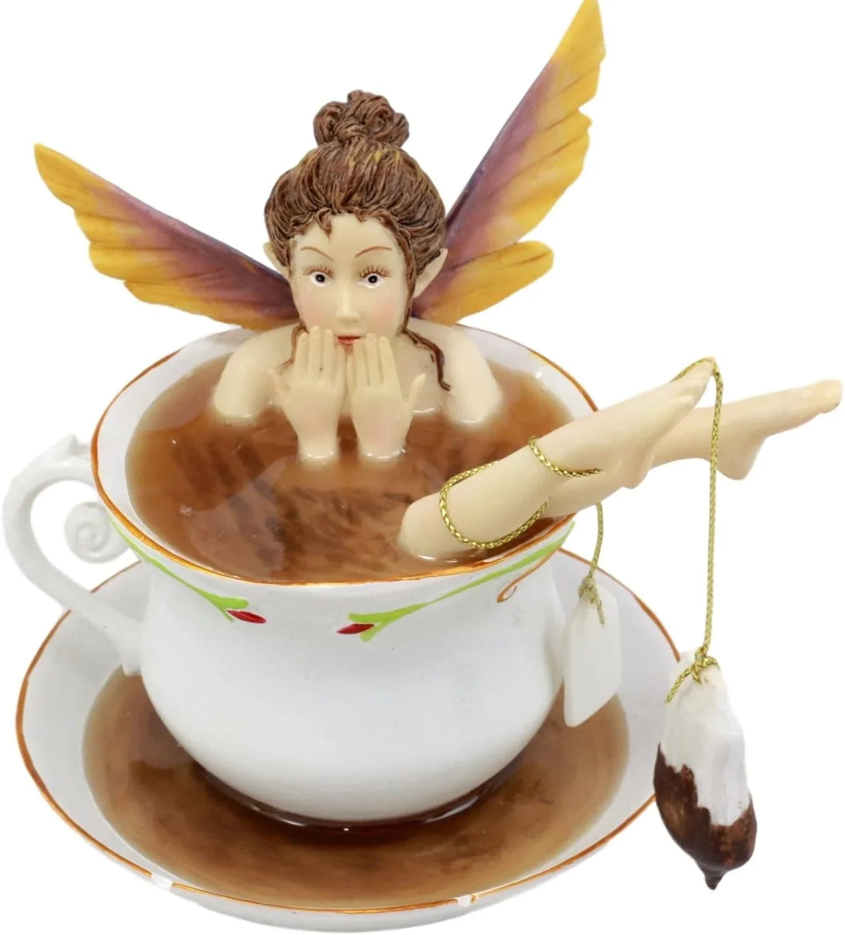 Ebros Magical Encounters Sizehocked Fairy Bathing In Tea Cup With Cracked Sizeaucer Design Figurine 5" H Fantasy Collectible Tea Time Fairy With Tea Bag