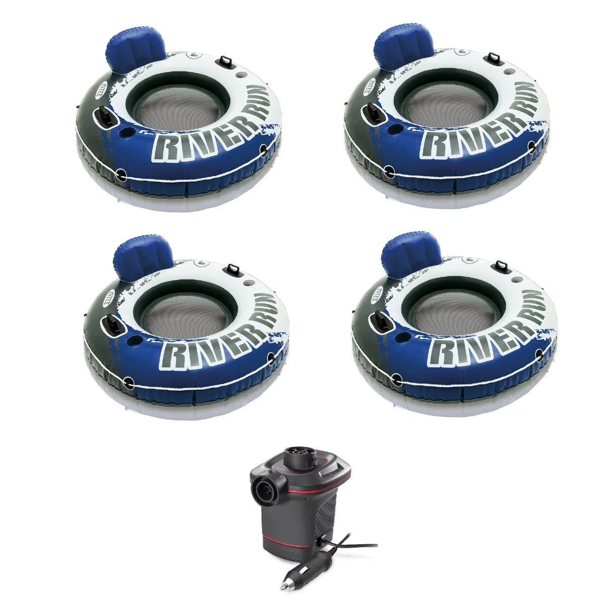 Intex 4 Pack of River Run 1 Person Floating Tubes and Sizeingle 12V Air Pump