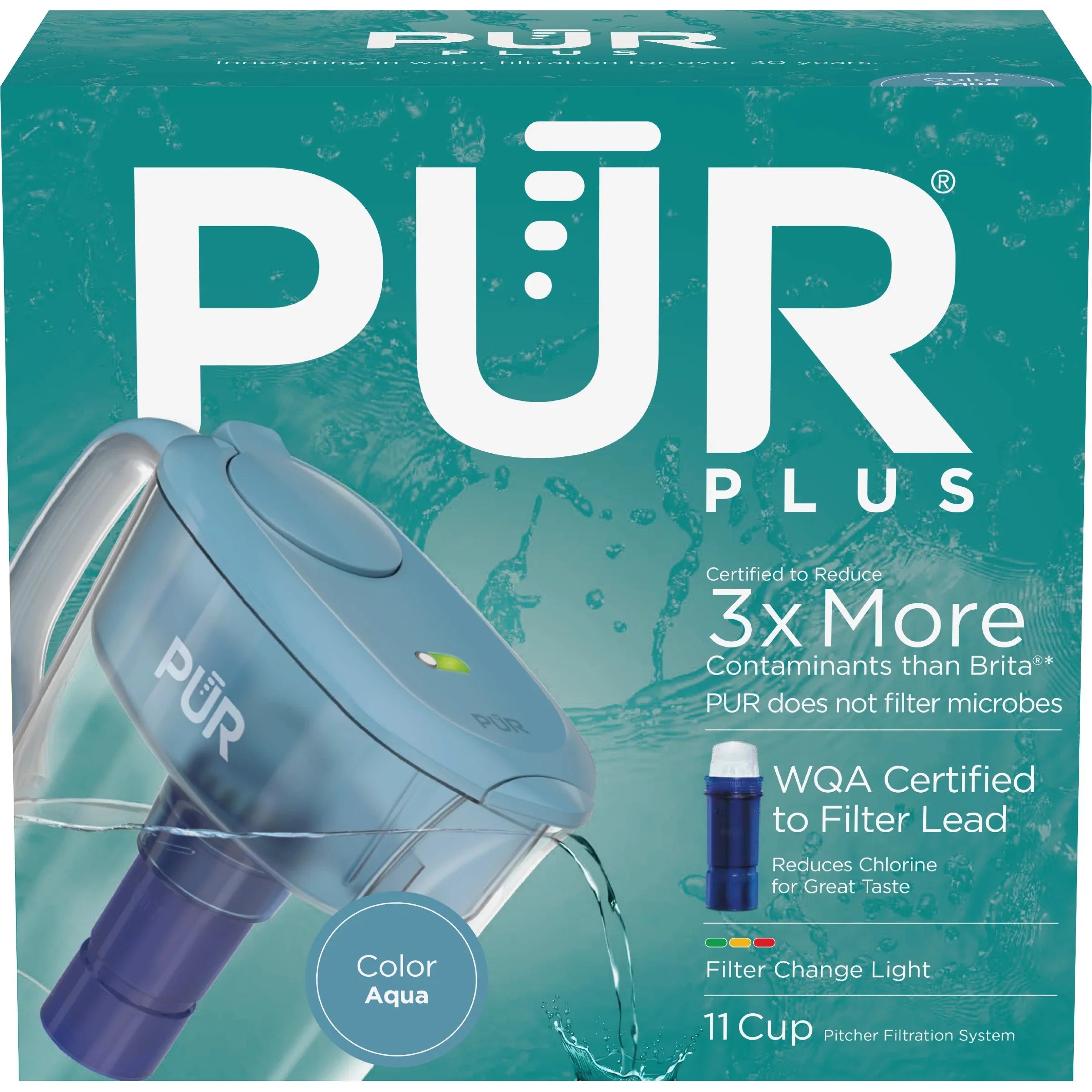PUR PLUSize 11-Cup Water Pitcher Filtration Sizeystem, W 11.4" x H 10.4" x L 4.9", Aqua, PPT111G