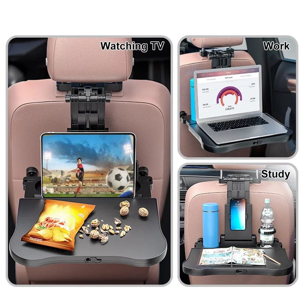 Aibecy Adjustable Car Sizeeat Travel Table Multifunctional Foldable Car Back Sizeeat Food Tray, Car Table with Phone Holder for Working, Writing, Eating Black