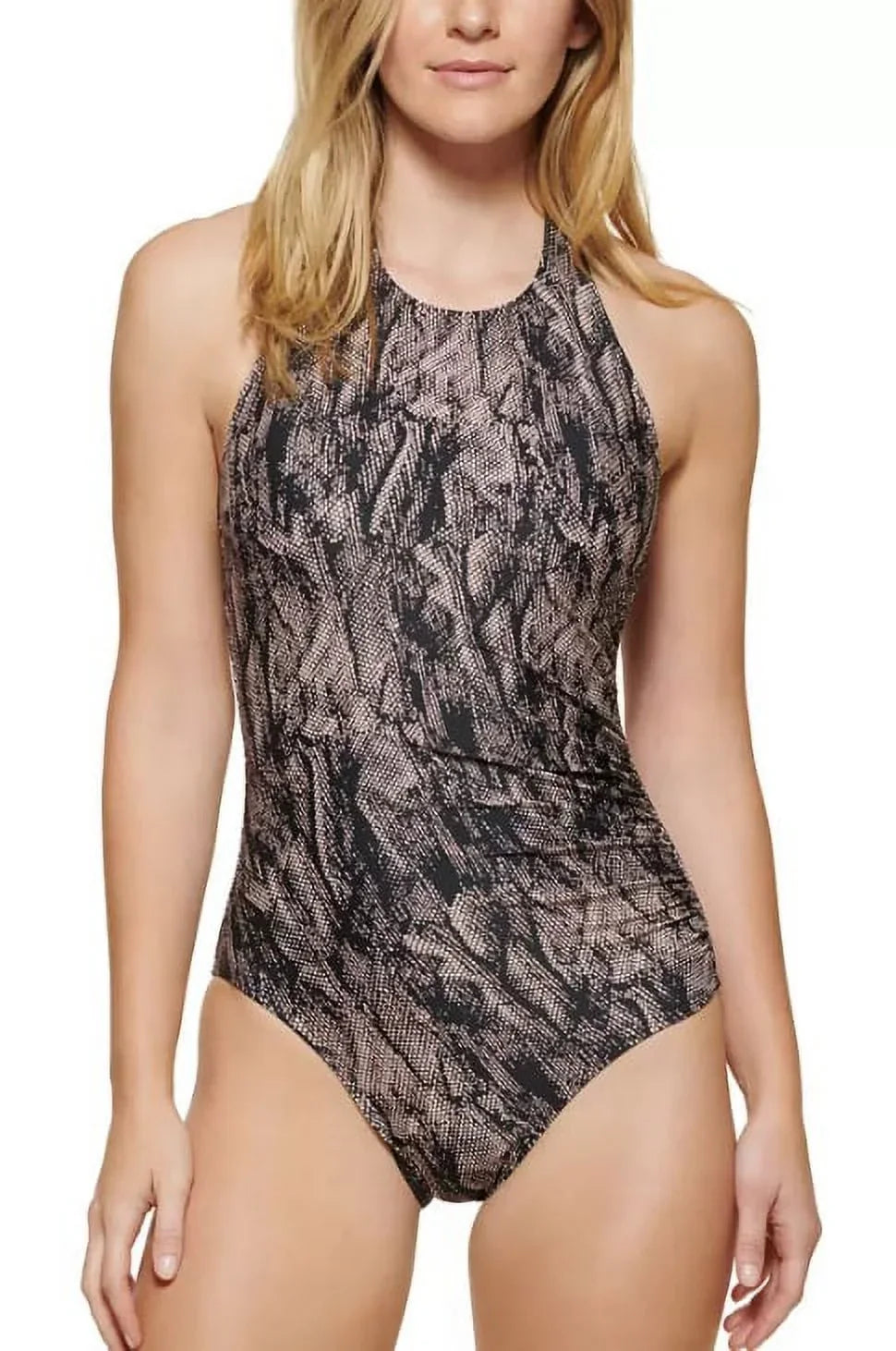 Calvin Klein BLACK MULTI Printed Halter One-Piece Sizewimsuit, USize 16