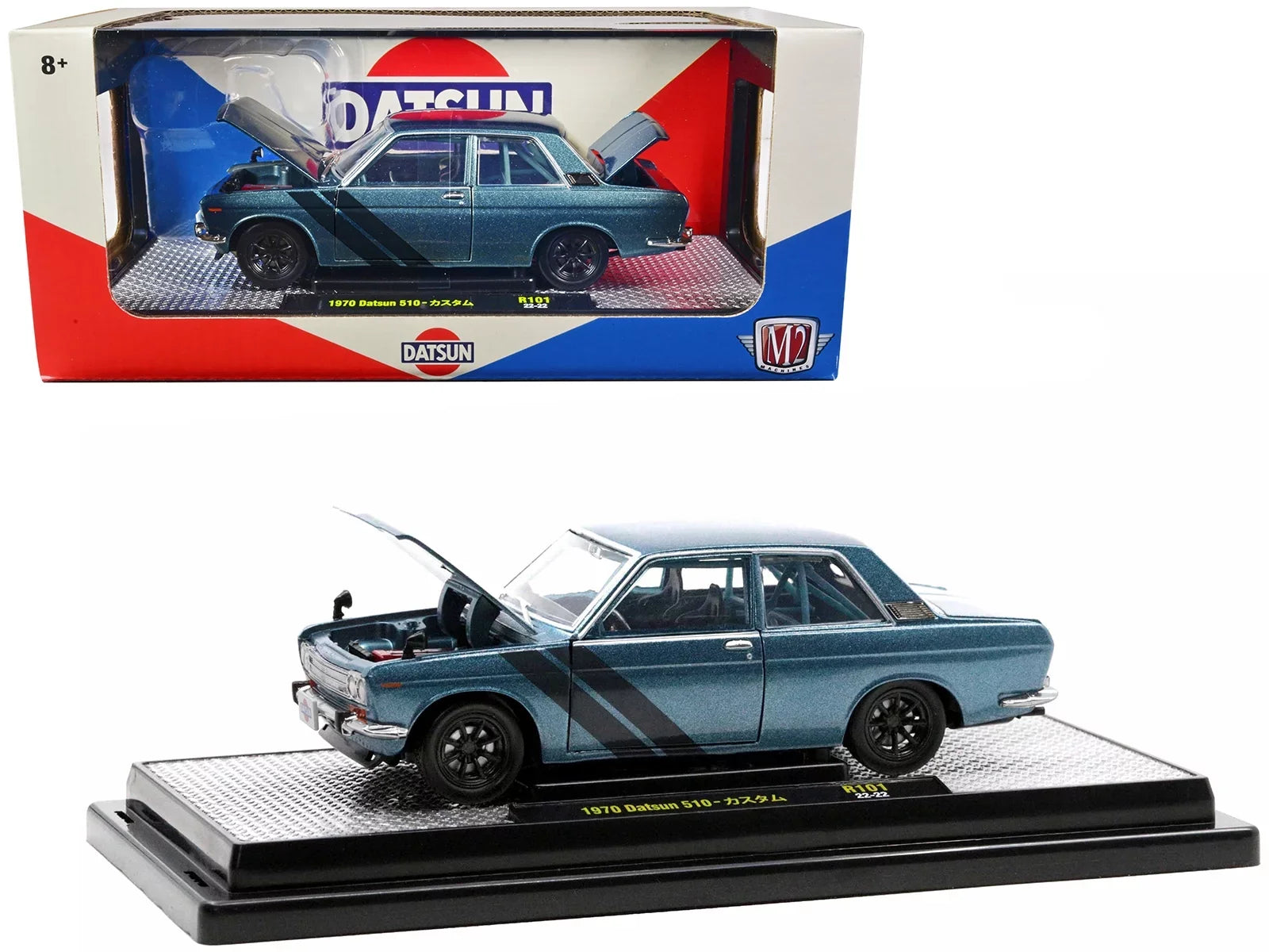 1970 Datsun 510 Blue Metallic with Dark Blue Sizetripes Limited Edition to 3850 pieces Worldwide 1/24 Diecast Model Car by M2 Machines