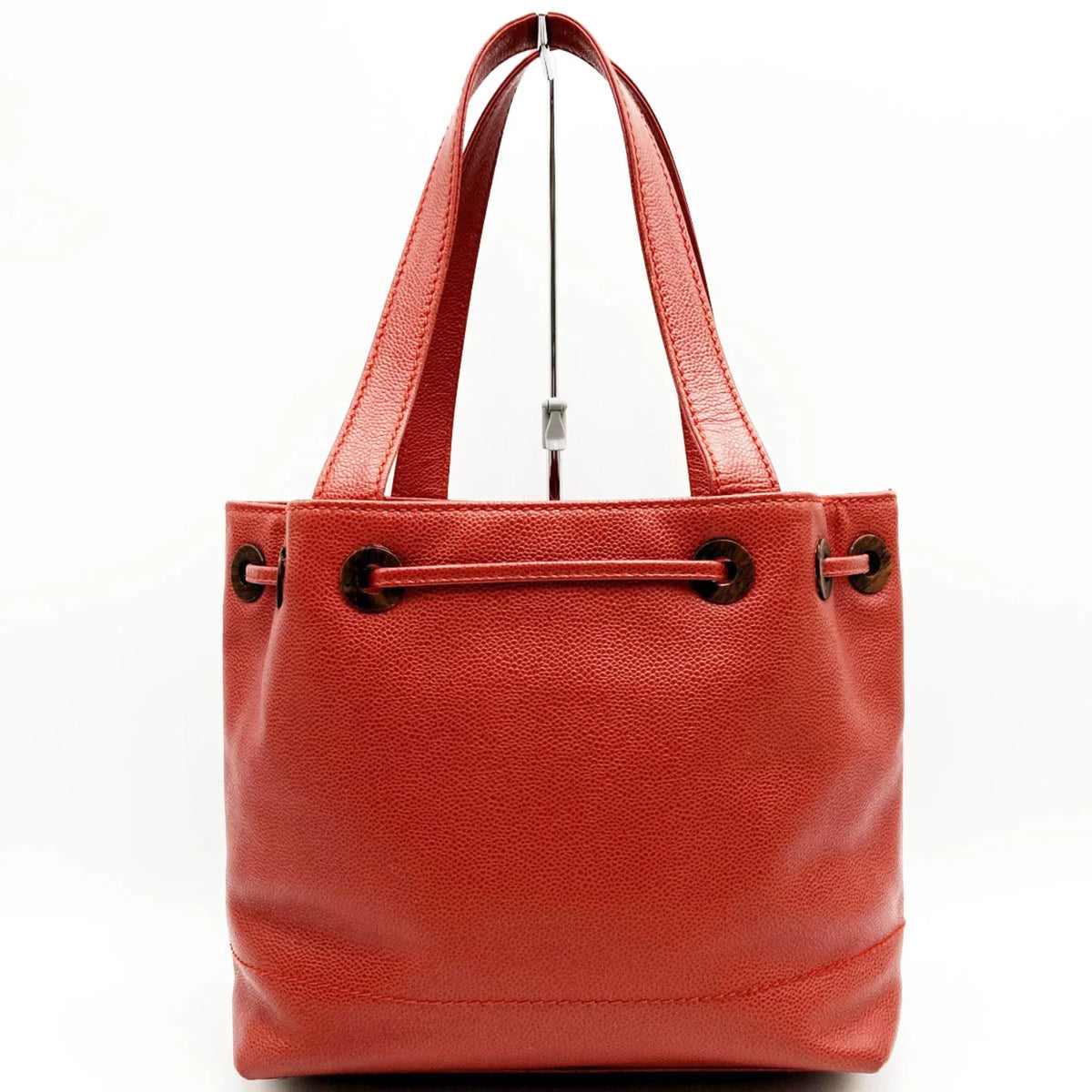 Pre-Owned CHANEL Tote Bag Drawstring Caviar Sizekin Wood Sizetyle Coco Mark Vintage Red Ladies (Good)