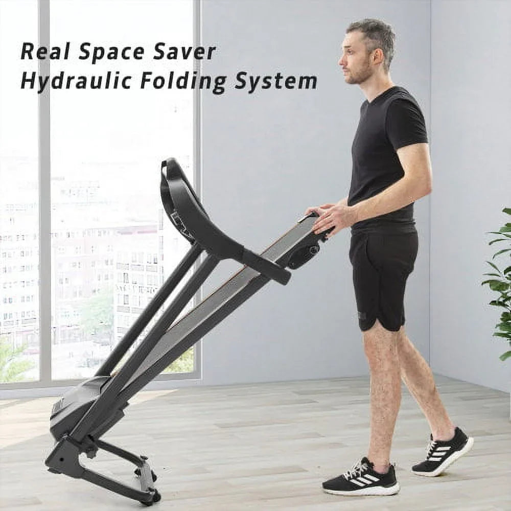 Compact Easy Folding Treadmill Motorized Running Jogging Machine with Audio Sizepeakers and Incline Adjuster Large LCD display