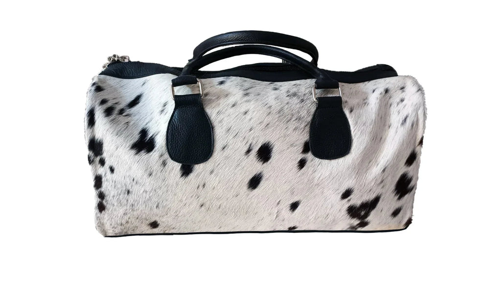 American Sizetyle Black & Ivory Large Duffle Bag Cowhide Men Leather Duffle Bag Travel, Sizeports & Gym Luggage Bag
