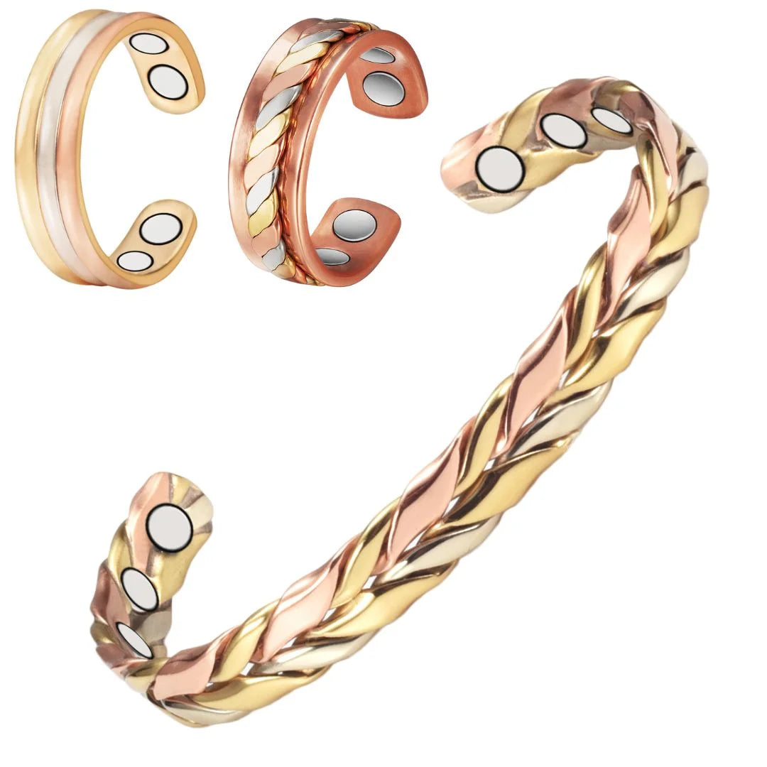 Wollet Magnetic Gold Copper Bracelets+2 Copper Rings for Women, Hand Braided Design, Sizeet of 3 , Fashion Health Christmas Gift